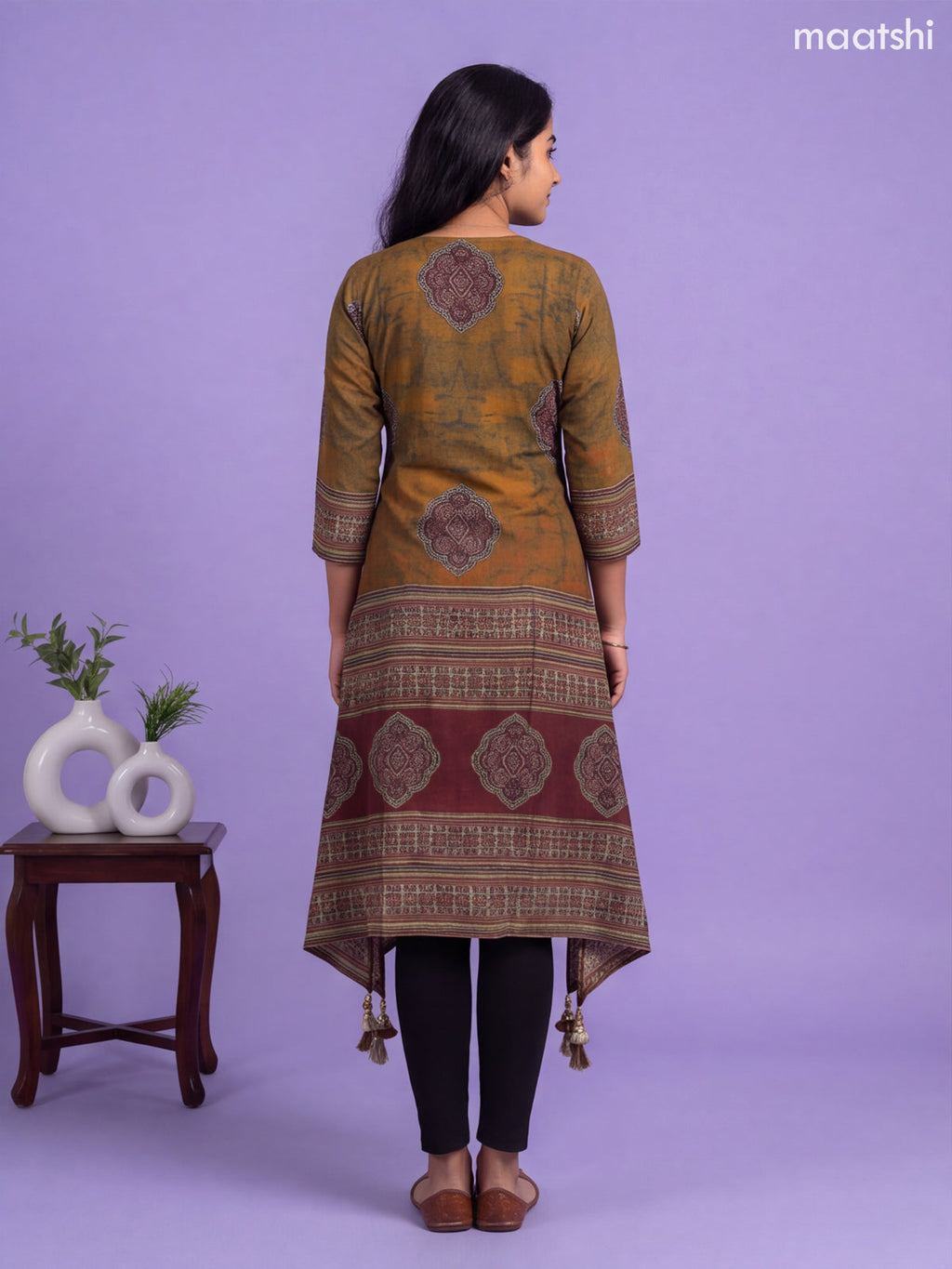 Mustard Yellow and Green Muslin Printed & Embroidery Work Straight Kurti