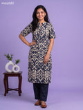 Navy Blue and Cream Muslin Ikat Printed Kurti Set