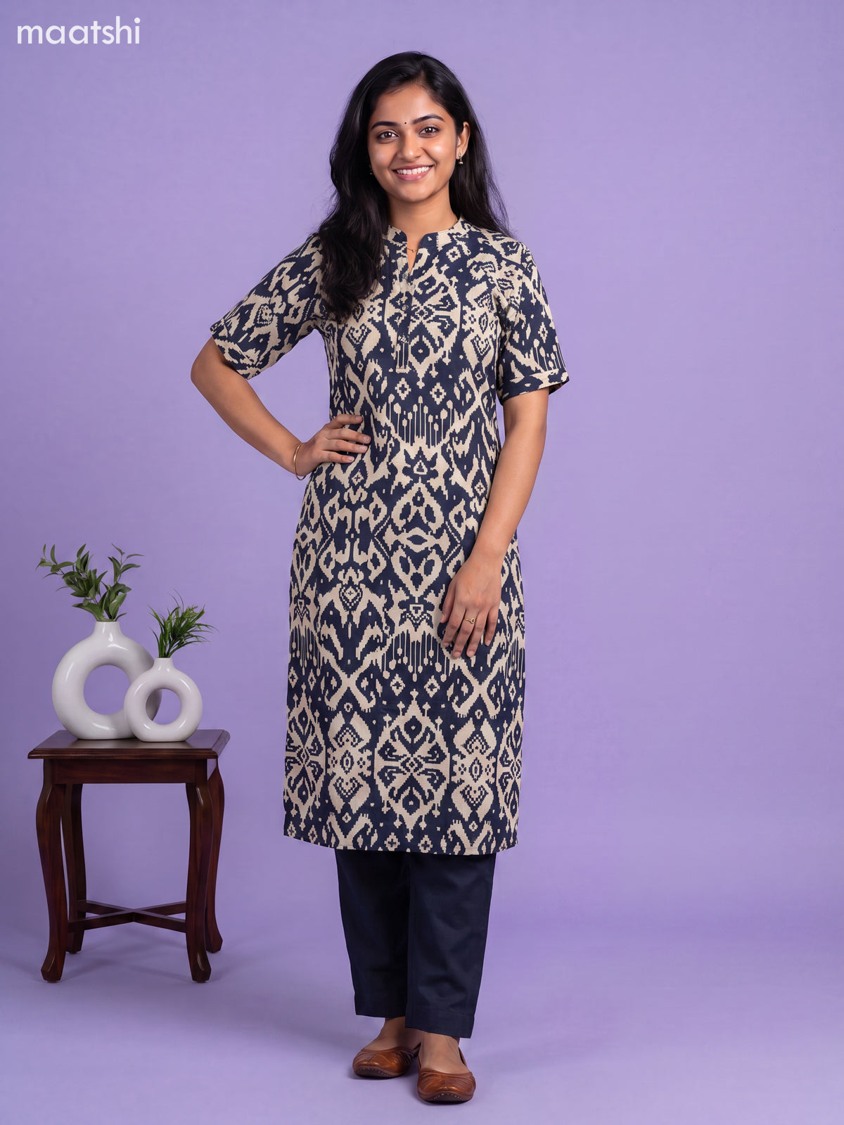 Navy Blue and Cream Muslin Ikat Printed Kurti Set