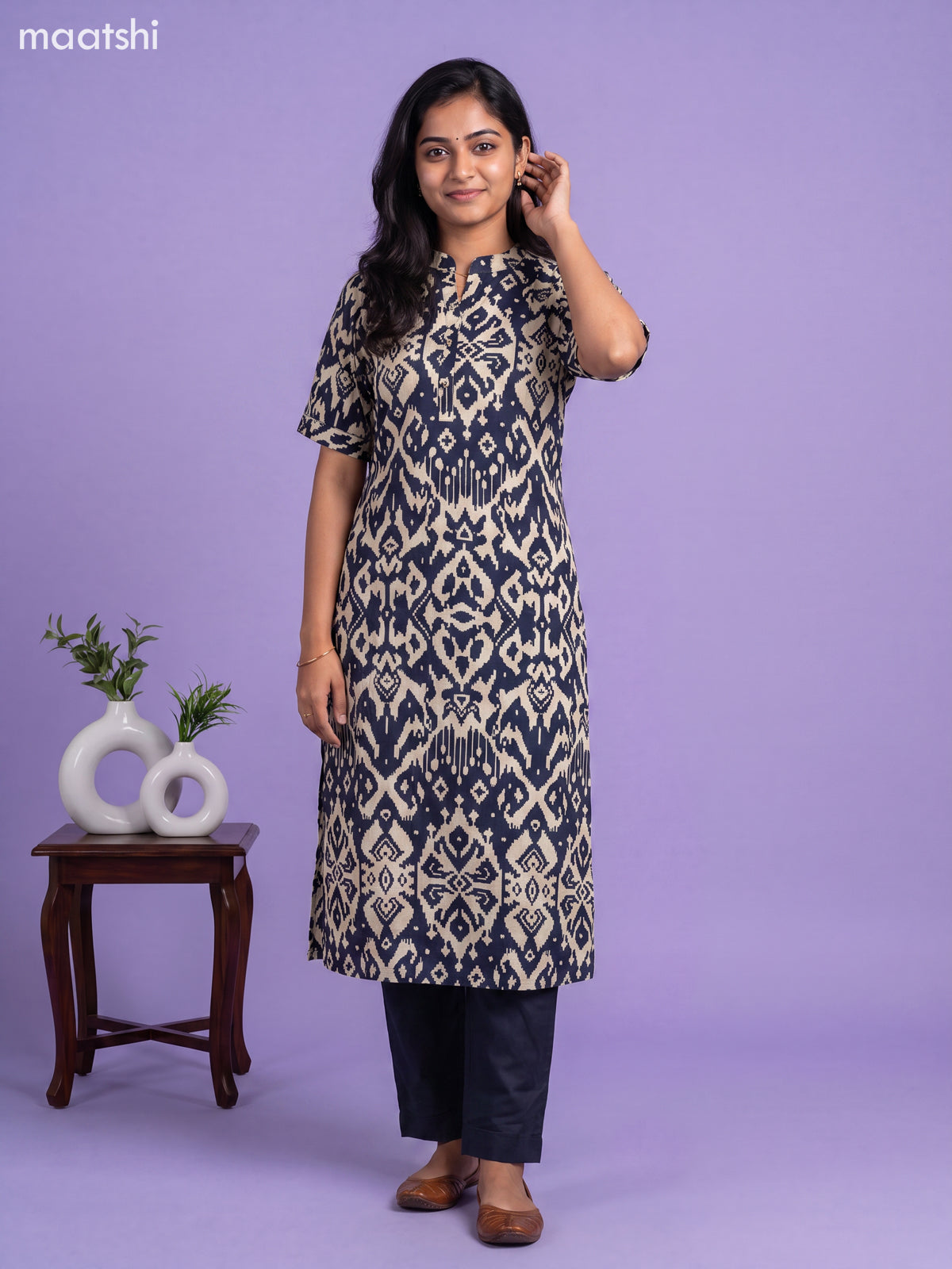 Navy Blue and Cream Muslin Ikat Printed Kurti Set