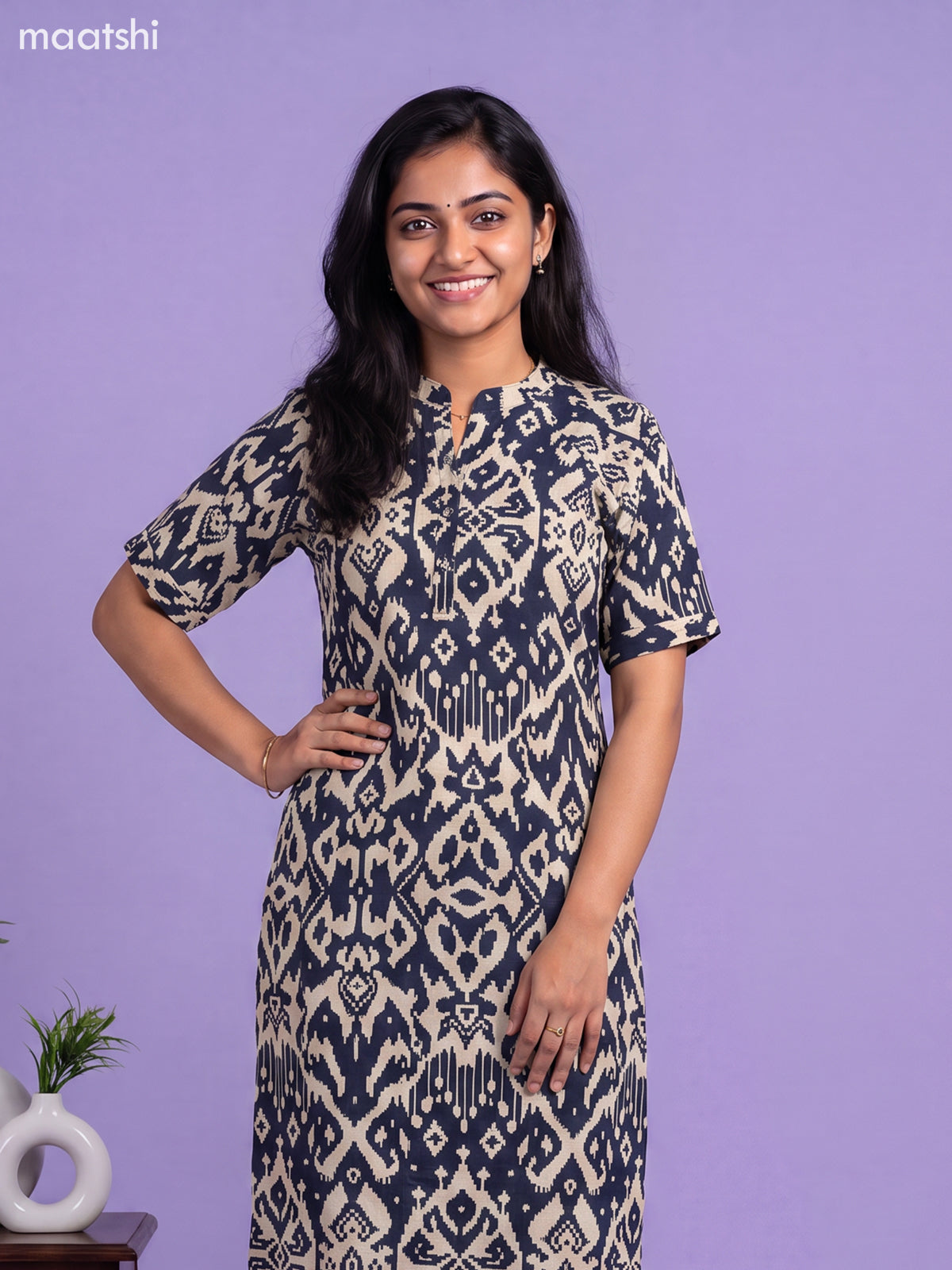 Navy Blue and Cream Muslin Ikat Printed Kurti Set