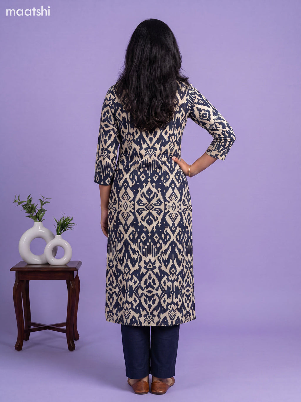 Navy Blue and Cream Muslin Ikat Printed Kurti Set