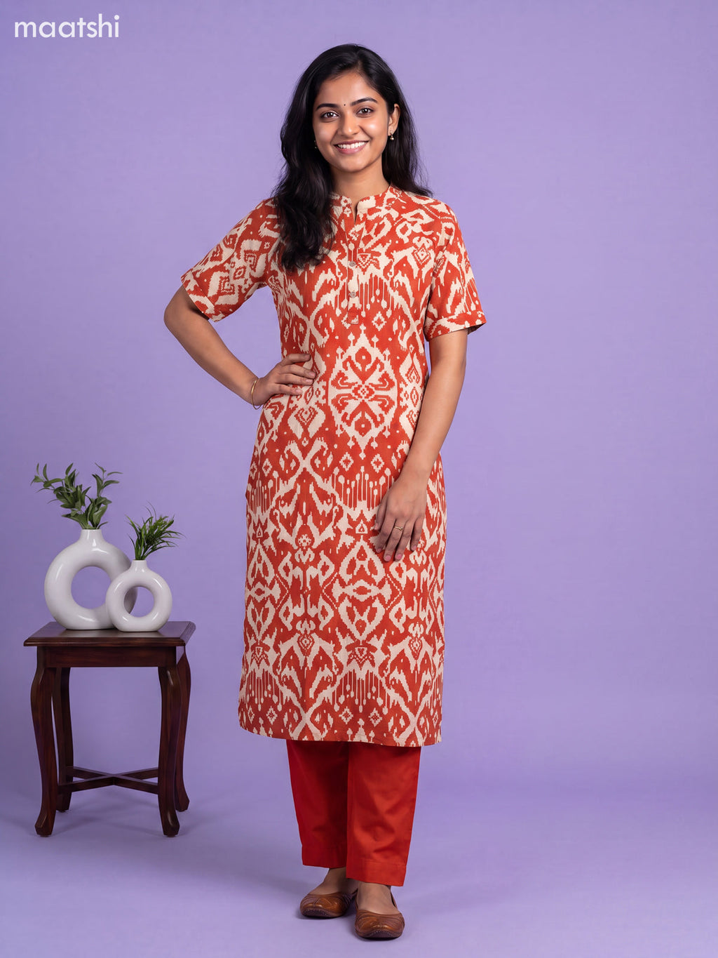 Rust and Cream Muslin Ikat Printed Kurti Set