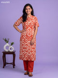 Rust and Cream Muslin Ikat Printed Kurti Set