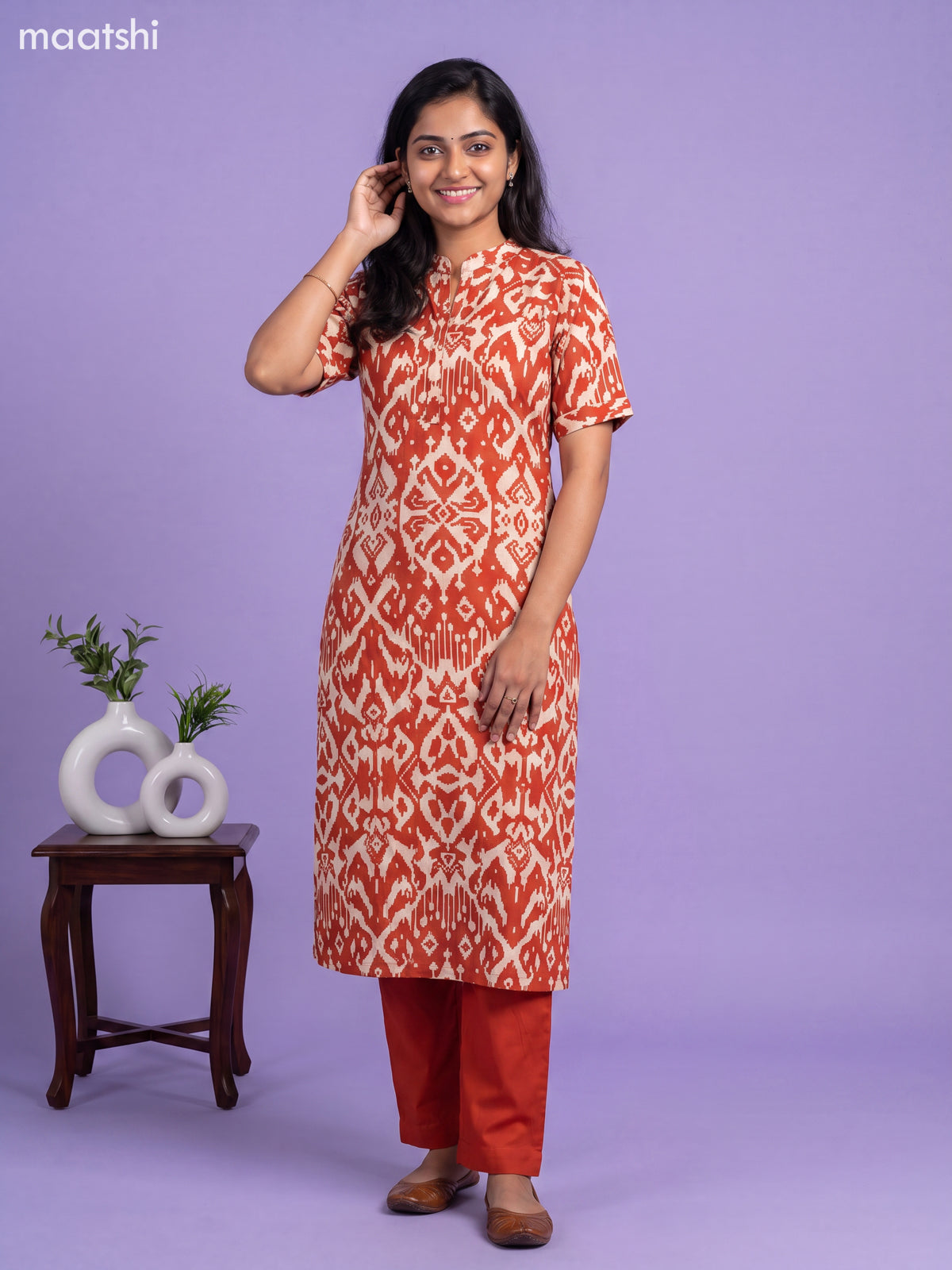 Rust and Cream Muslin Ikat Printed Kurti Set