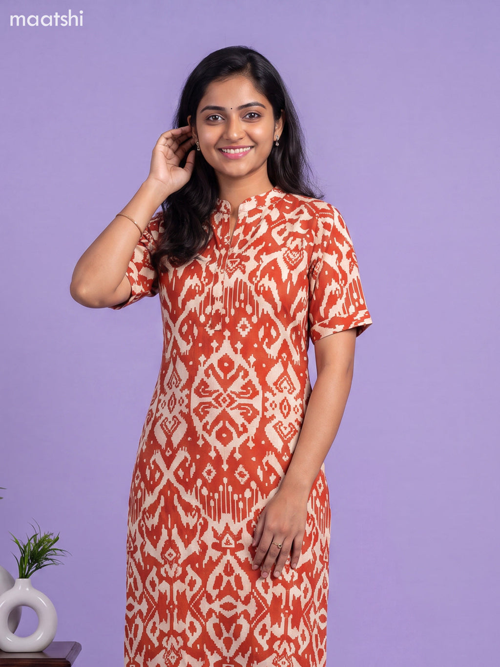 Rust and Cream Muslin Ikat Printed Kurti Set