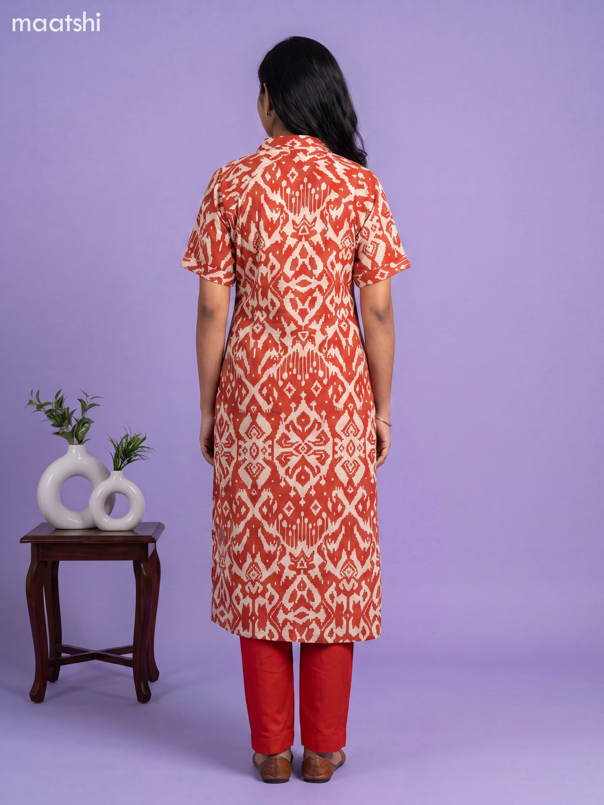 Rust and Cream Muslin Ikat Printed Kurti Set