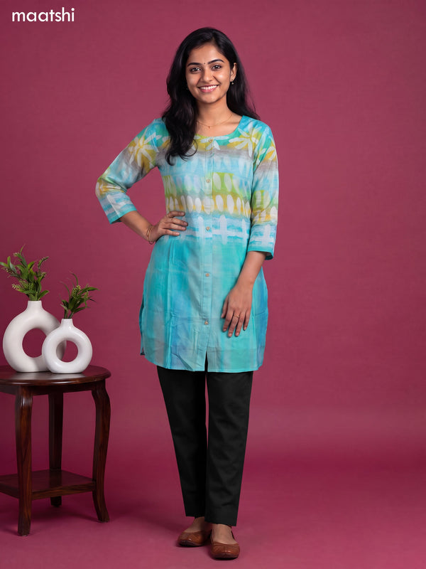Teal Blue Art Silk Printed Short Kurti