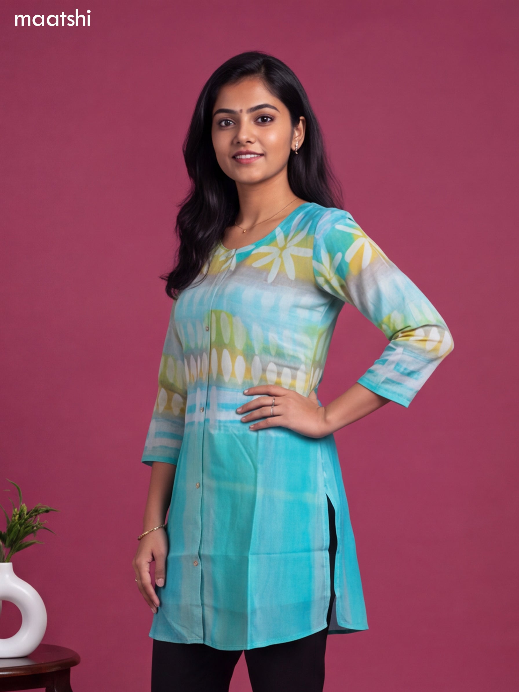 Teal Blue Art Silk Printed Short Kurti