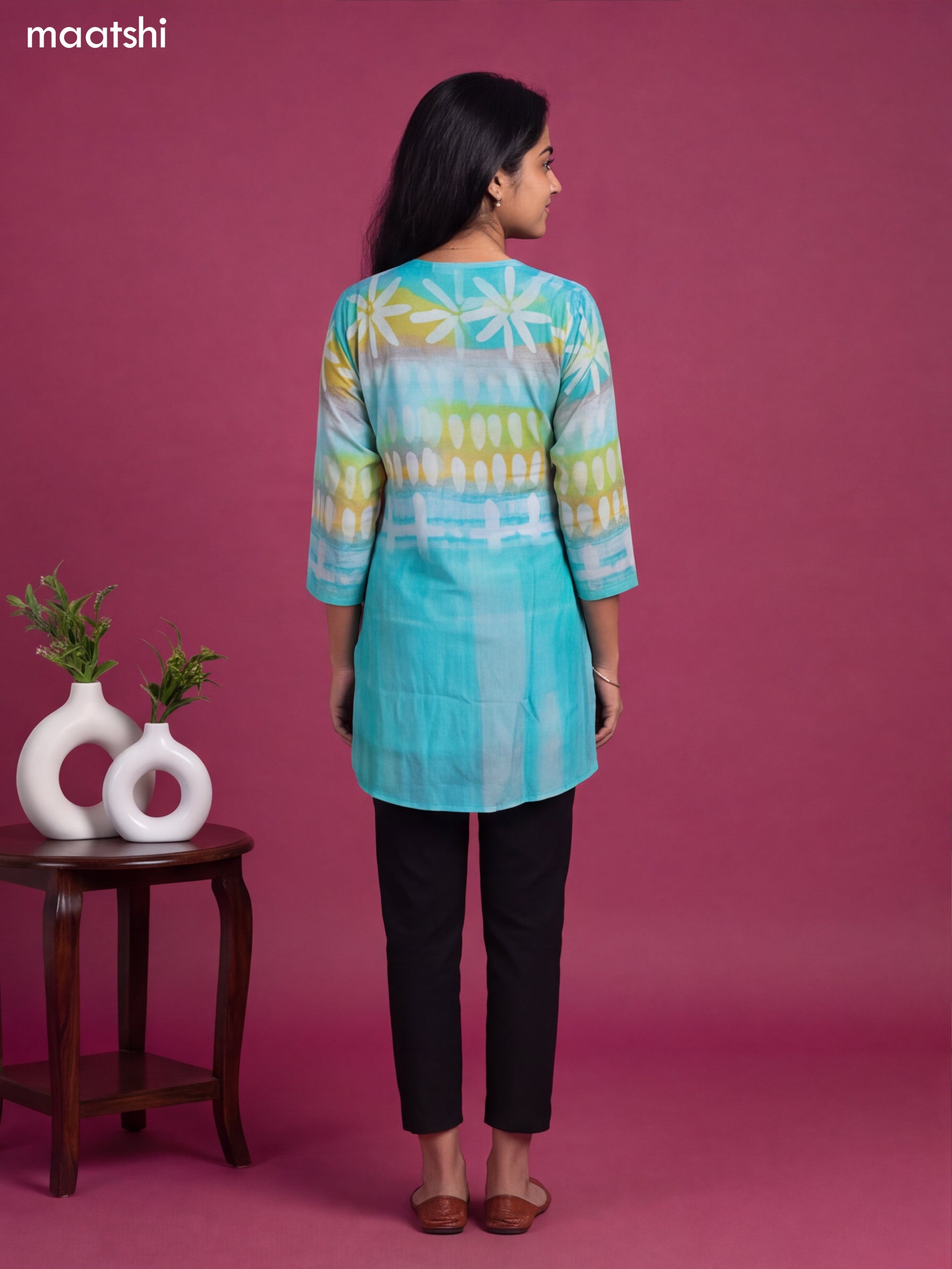 Teal Blue Art Silk Printed Short Kurti