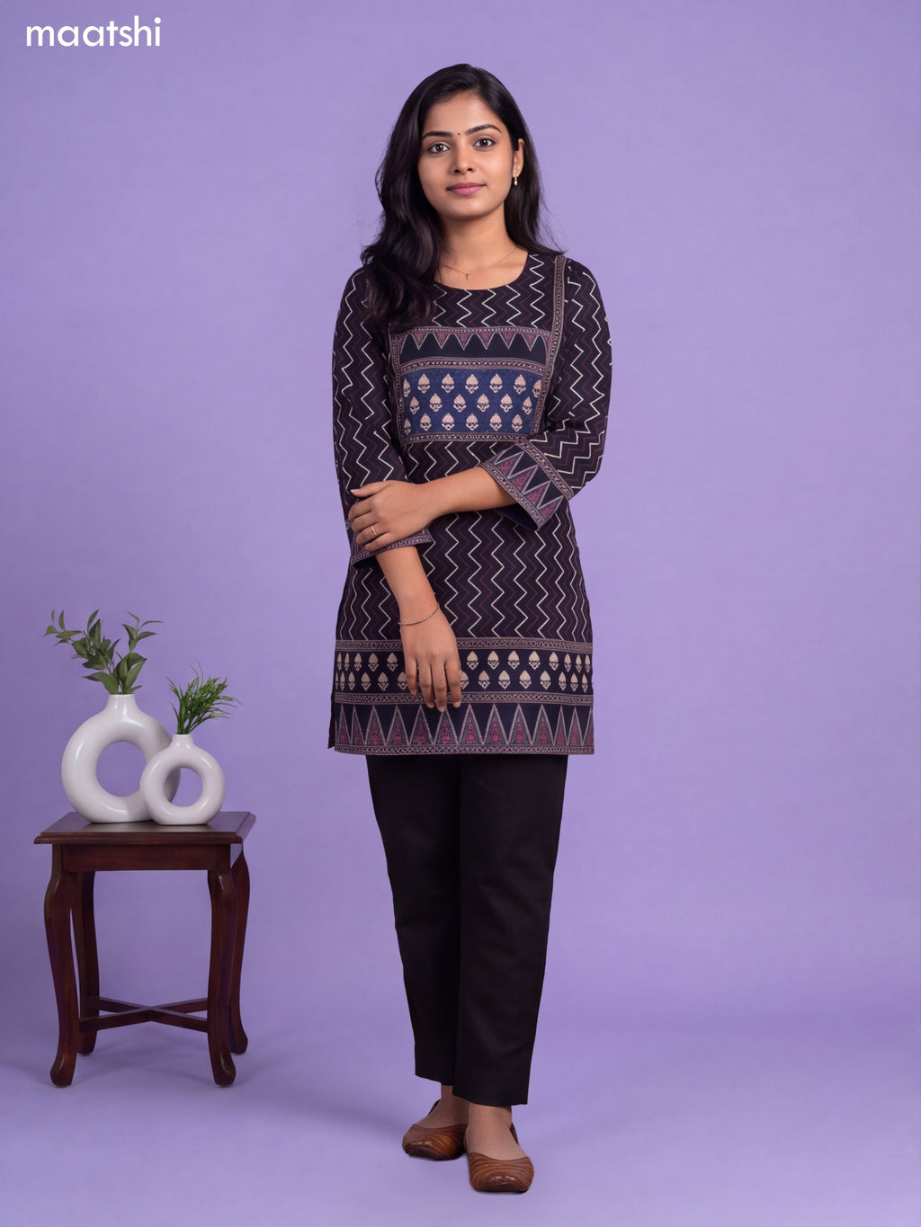 Black and Blue Art Silk Printed Short Kurti