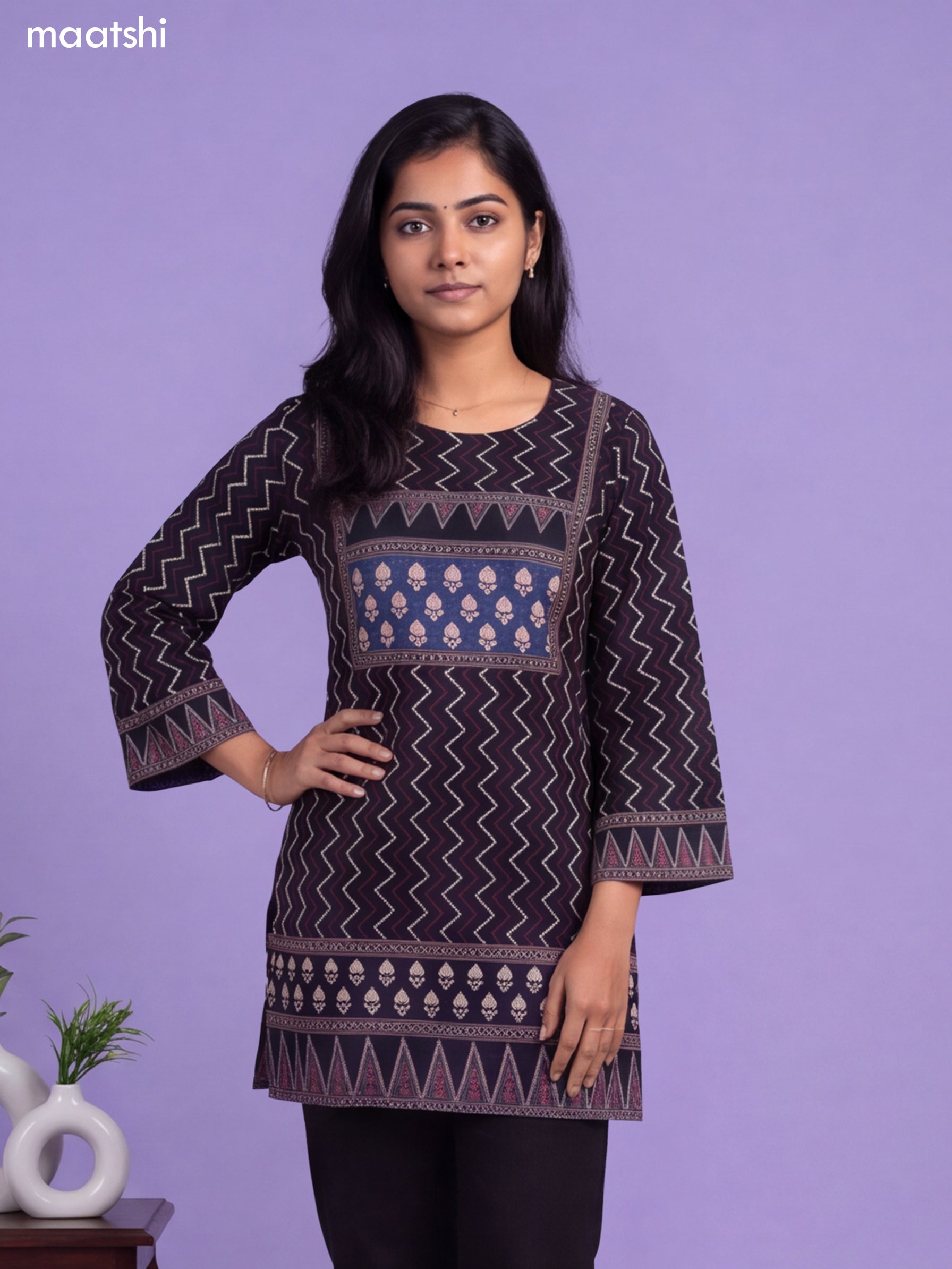 Black and Blue Art Silk Printed Short Kurti