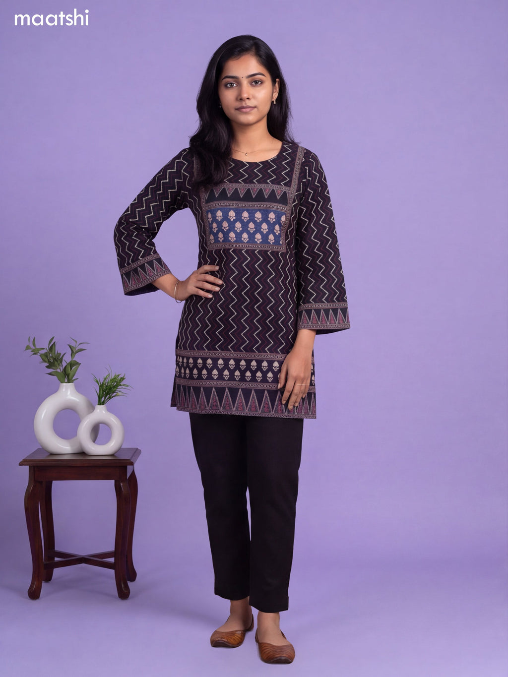 Black and Blue Art Silk Printed Short Kurti