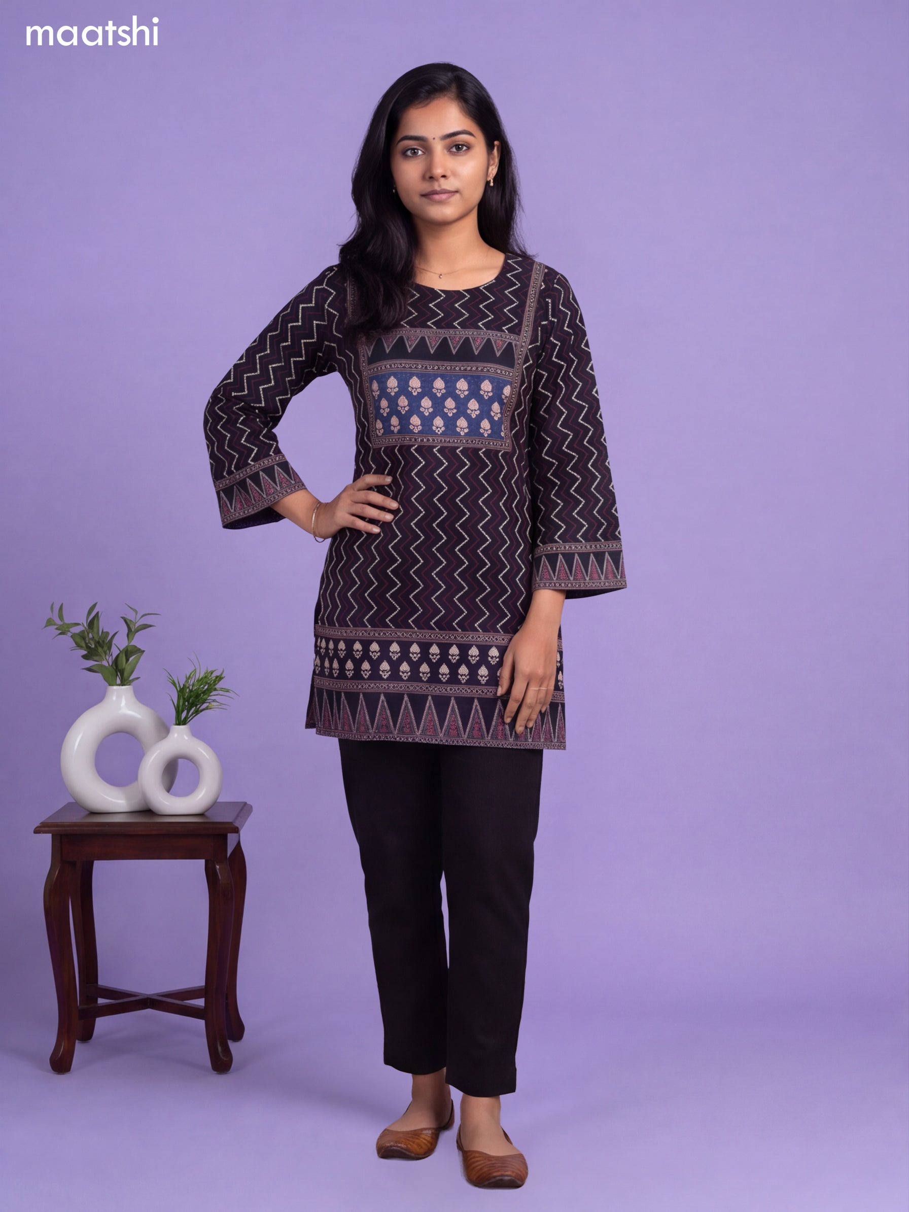 Black and Blue Art Silk Printed Short Kurti
