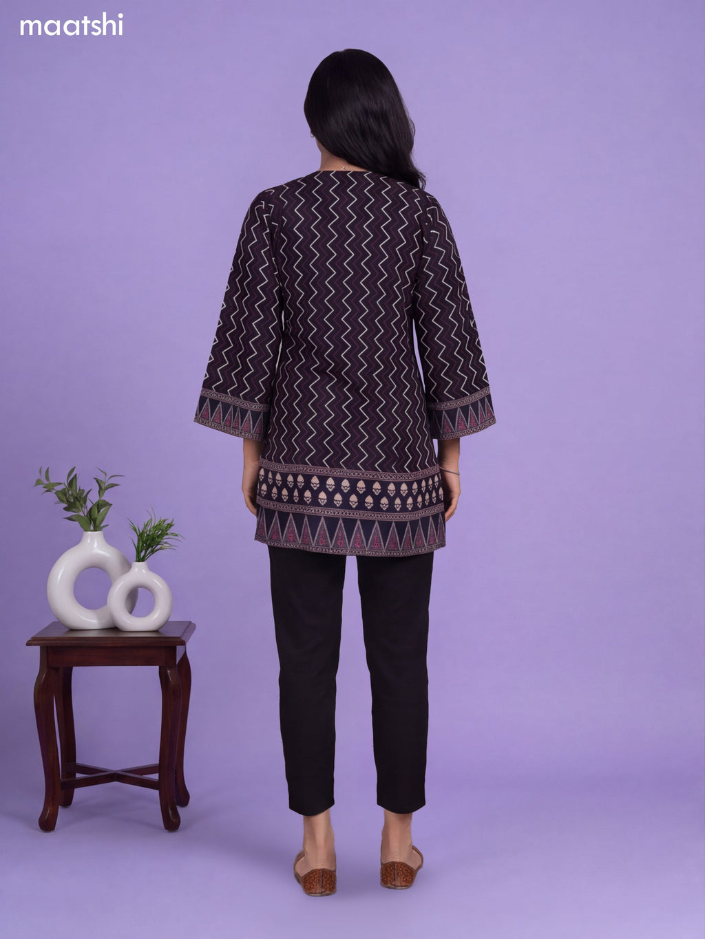 Black and Blue Art Silk Printed Short Kurti