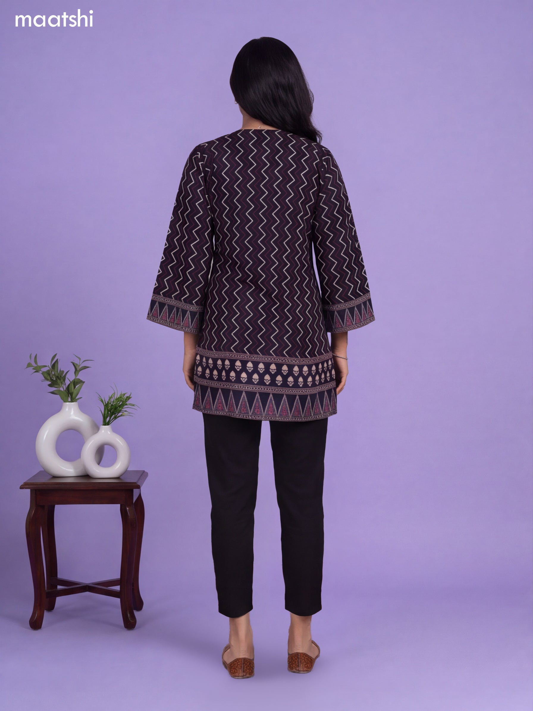 Black and Blue Art Silk Printed Short Kurti
