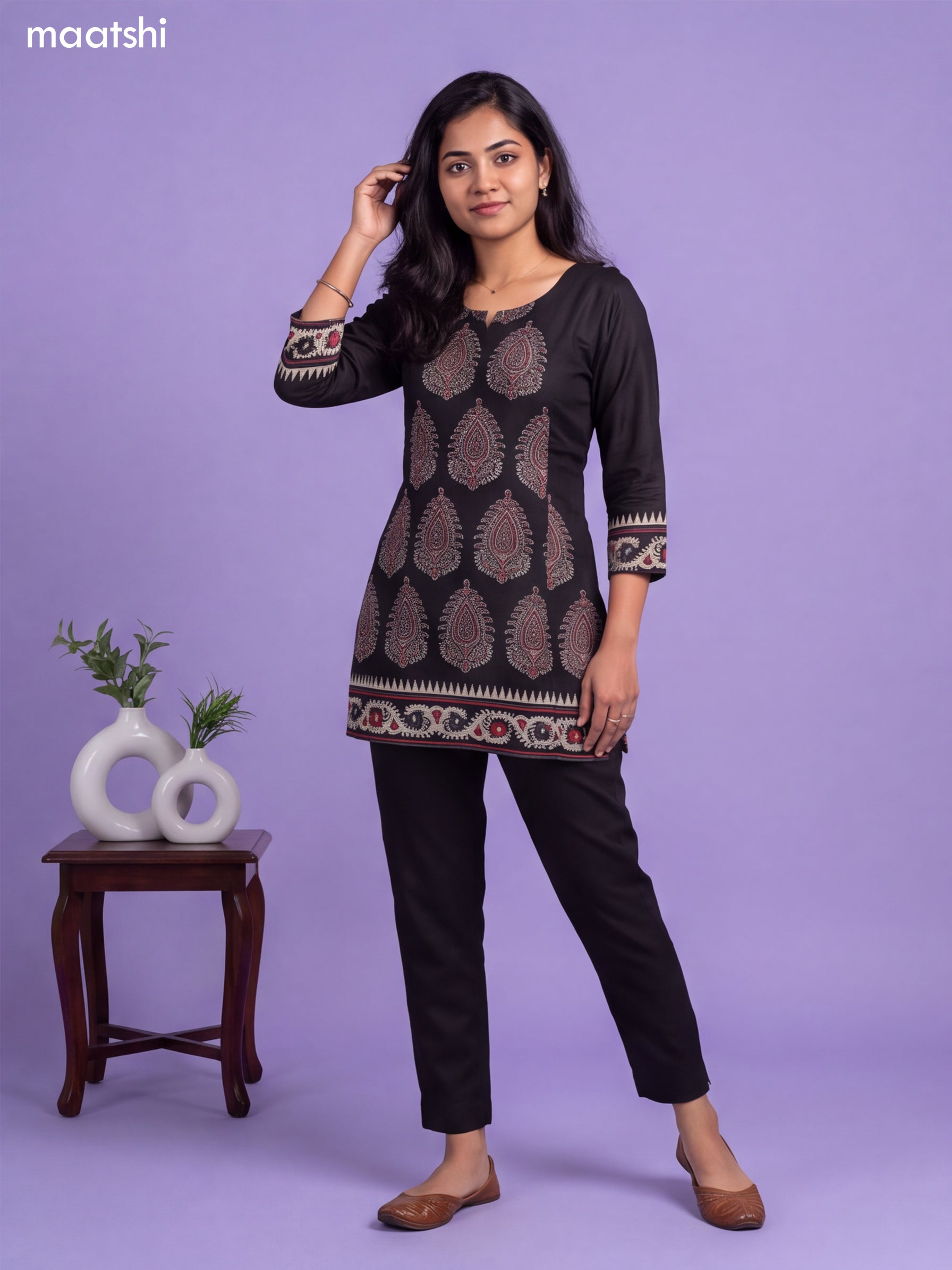 Black Art Silk Printed Short Kurti
