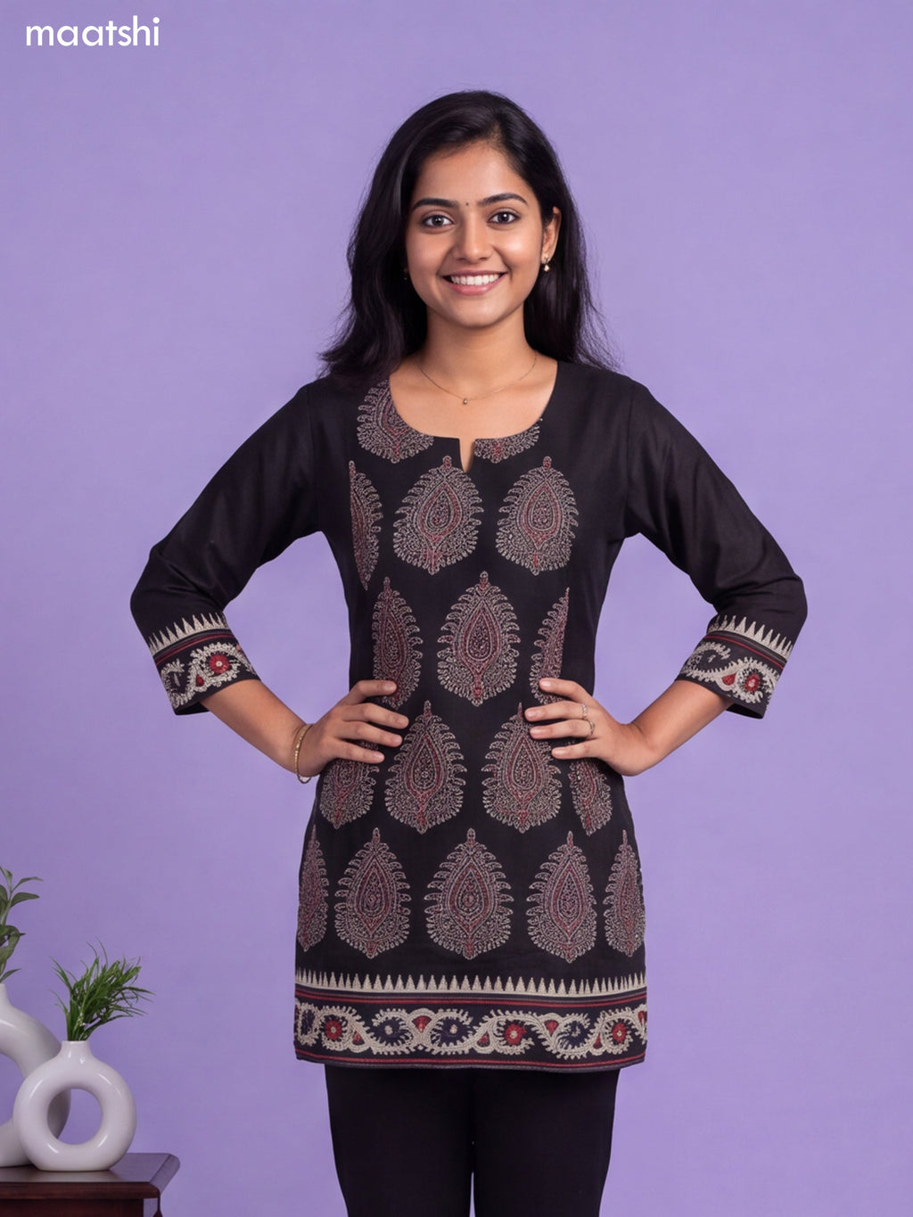 Black Art Silk Printed Short Kurti