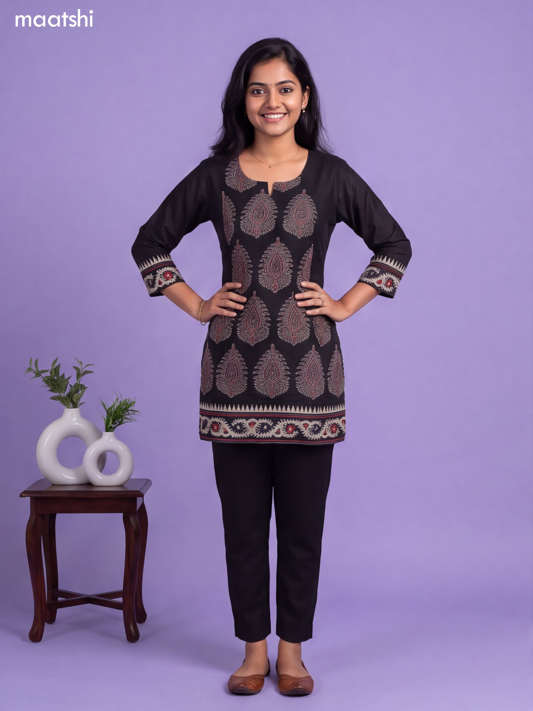 Black Art Silk Printed Short Kurti
