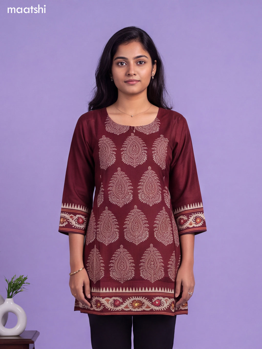 Maroon Art Silk Printed Short Kurti