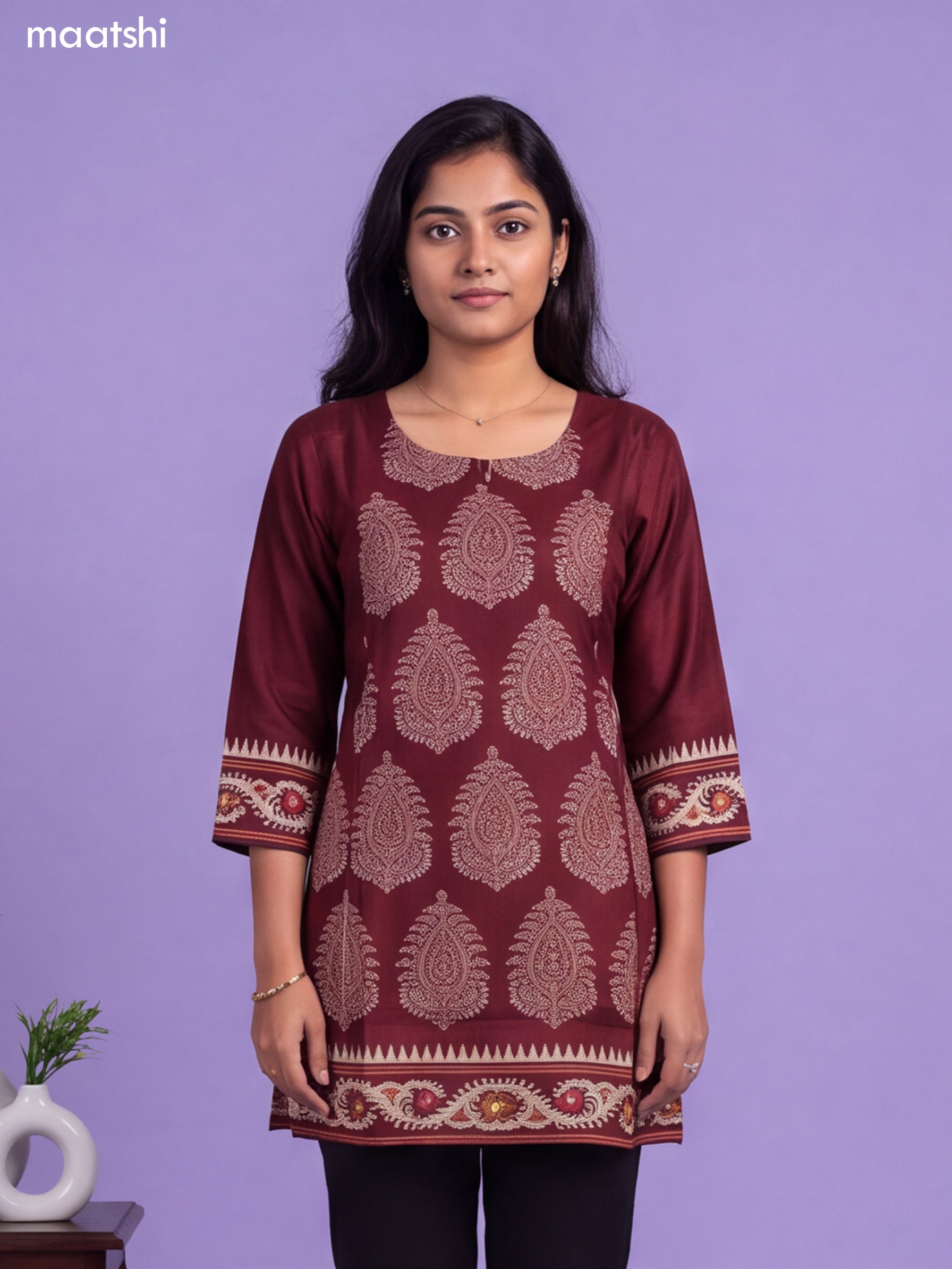 Maroon Art Silk Printed Short Kurti