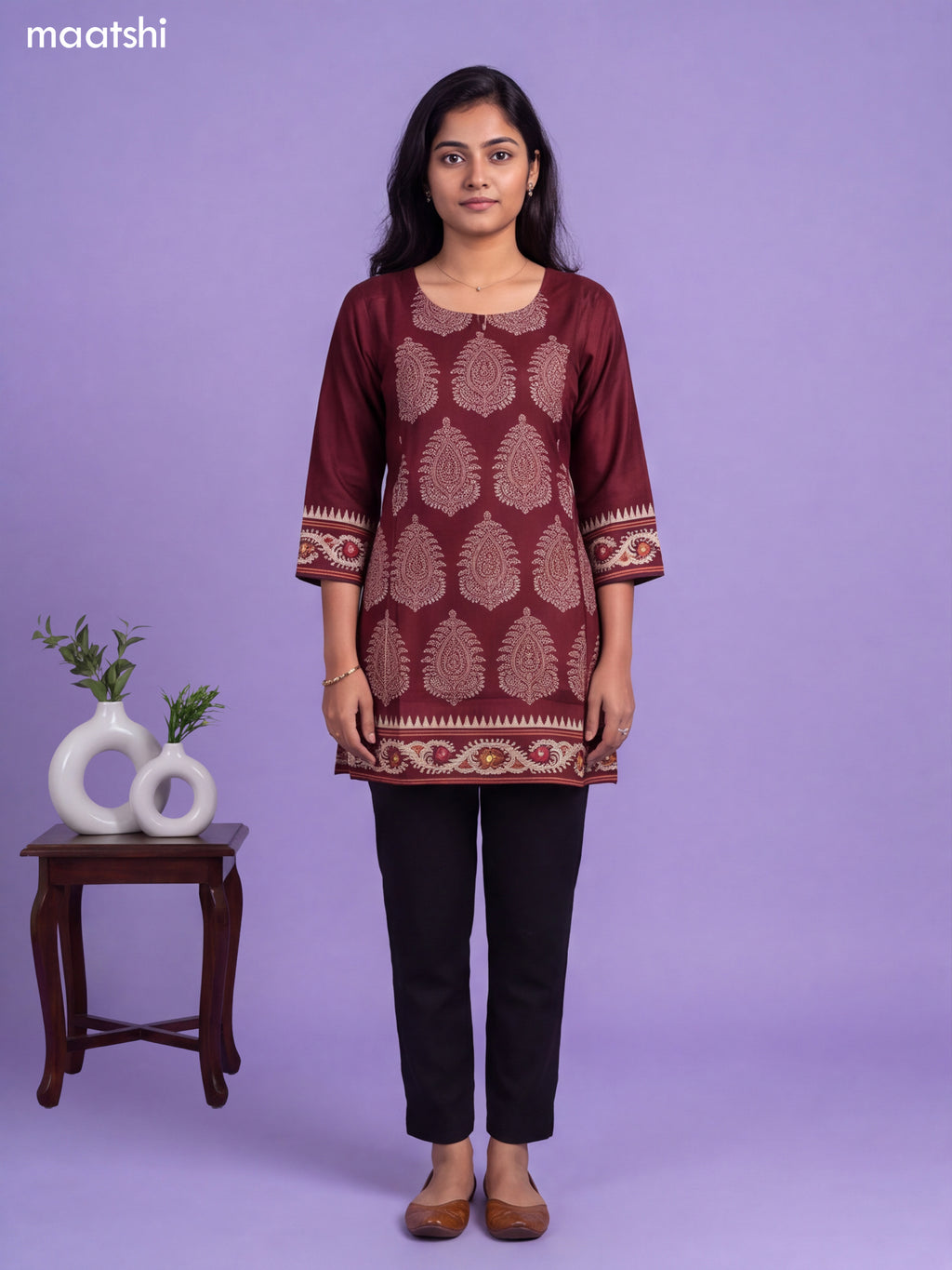 Maroon Art Silk Printed Short Kurti