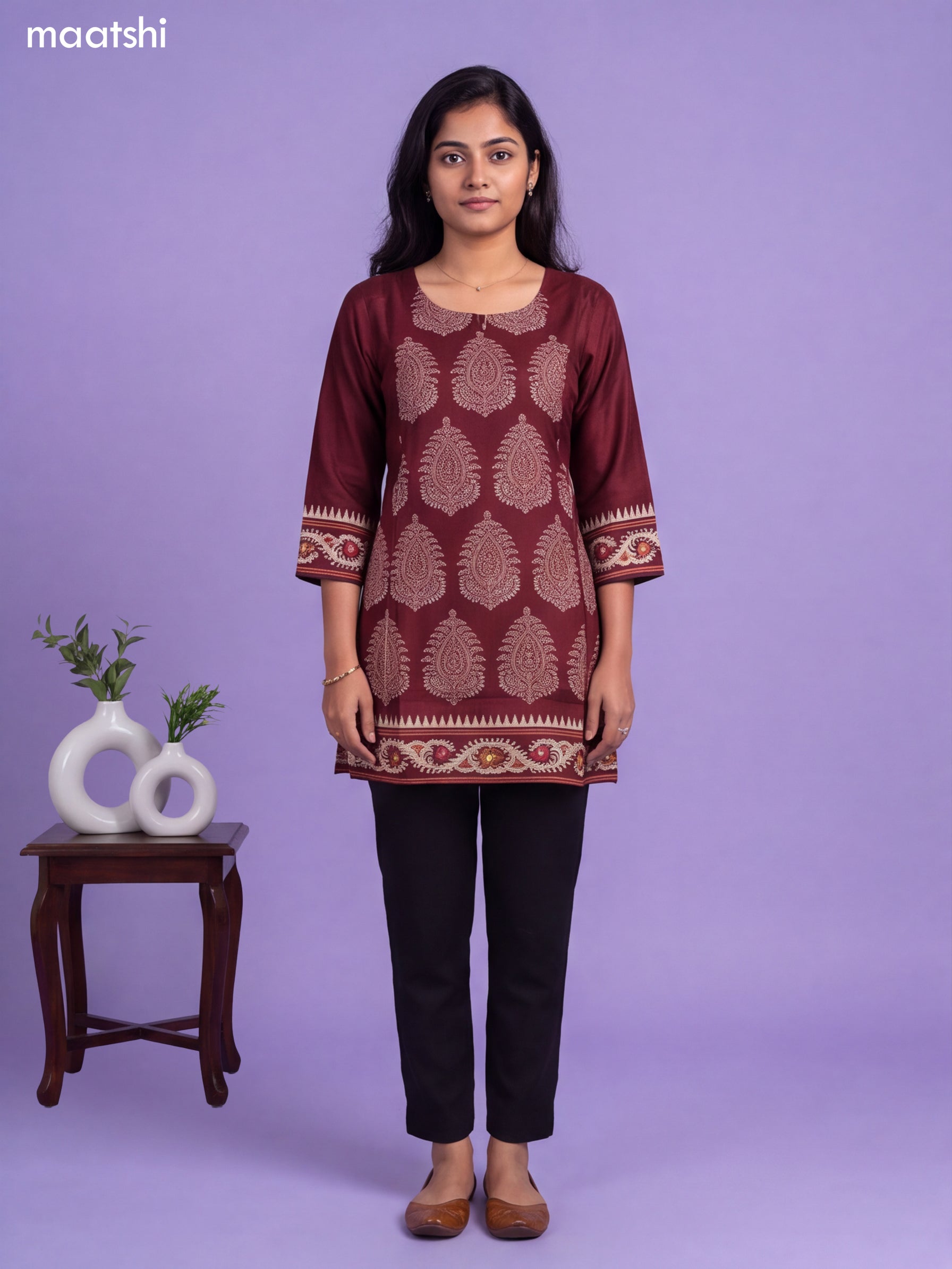 Maroon Art Silk Printed Short Kurti