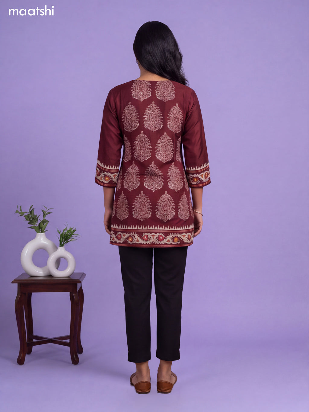 Maroon Art Silk Printed Short Kurti
