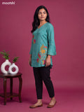 Teal Shade Crepe Silk Kalamkari Printed Short Kurti