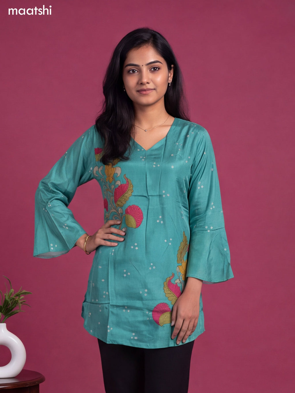 Teal Shade Crepe Silk Kalamkari Printed Short Kurti