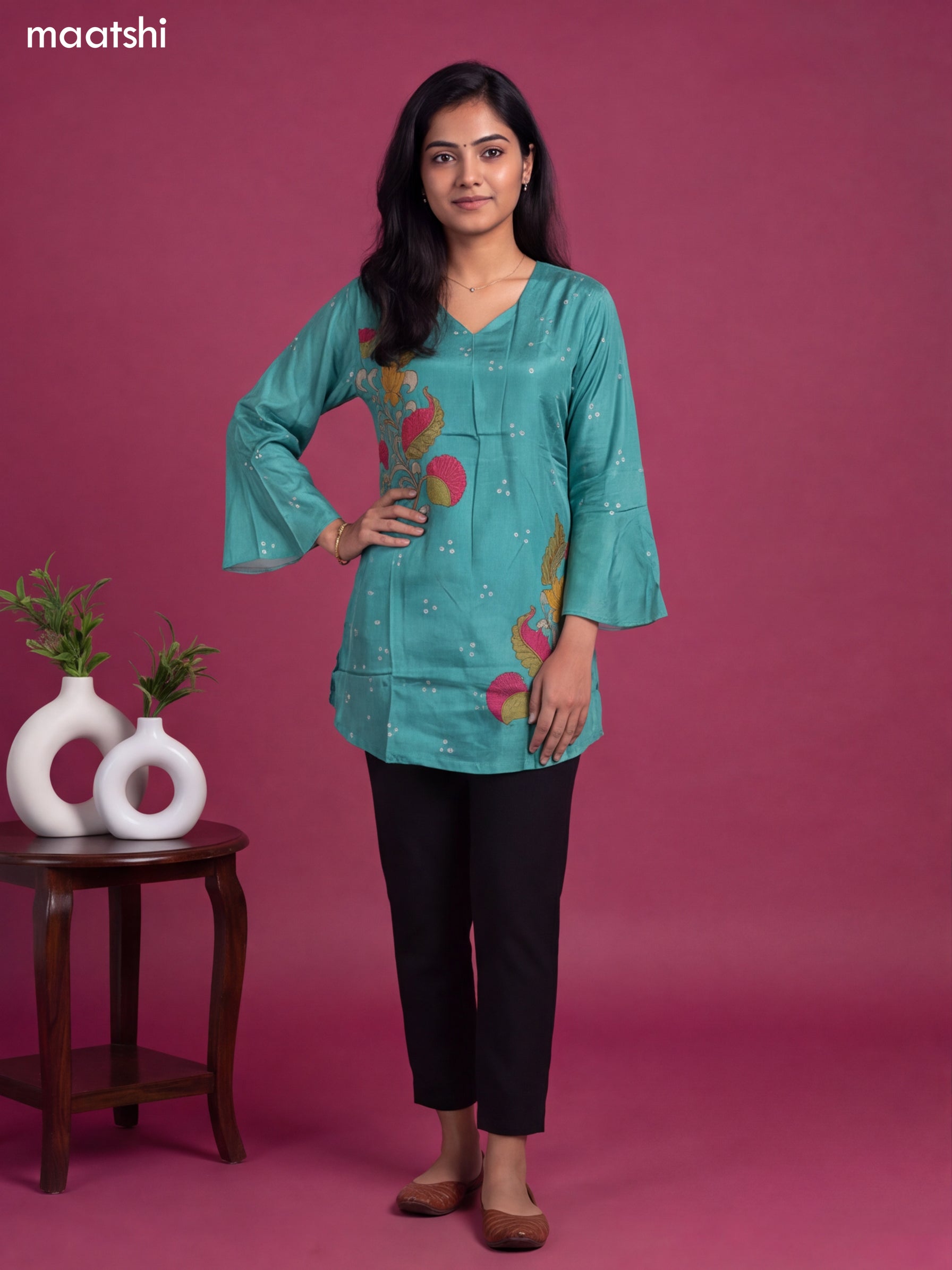 Teal Shade Crepe Silk Kalamkari Printed Short Kurti