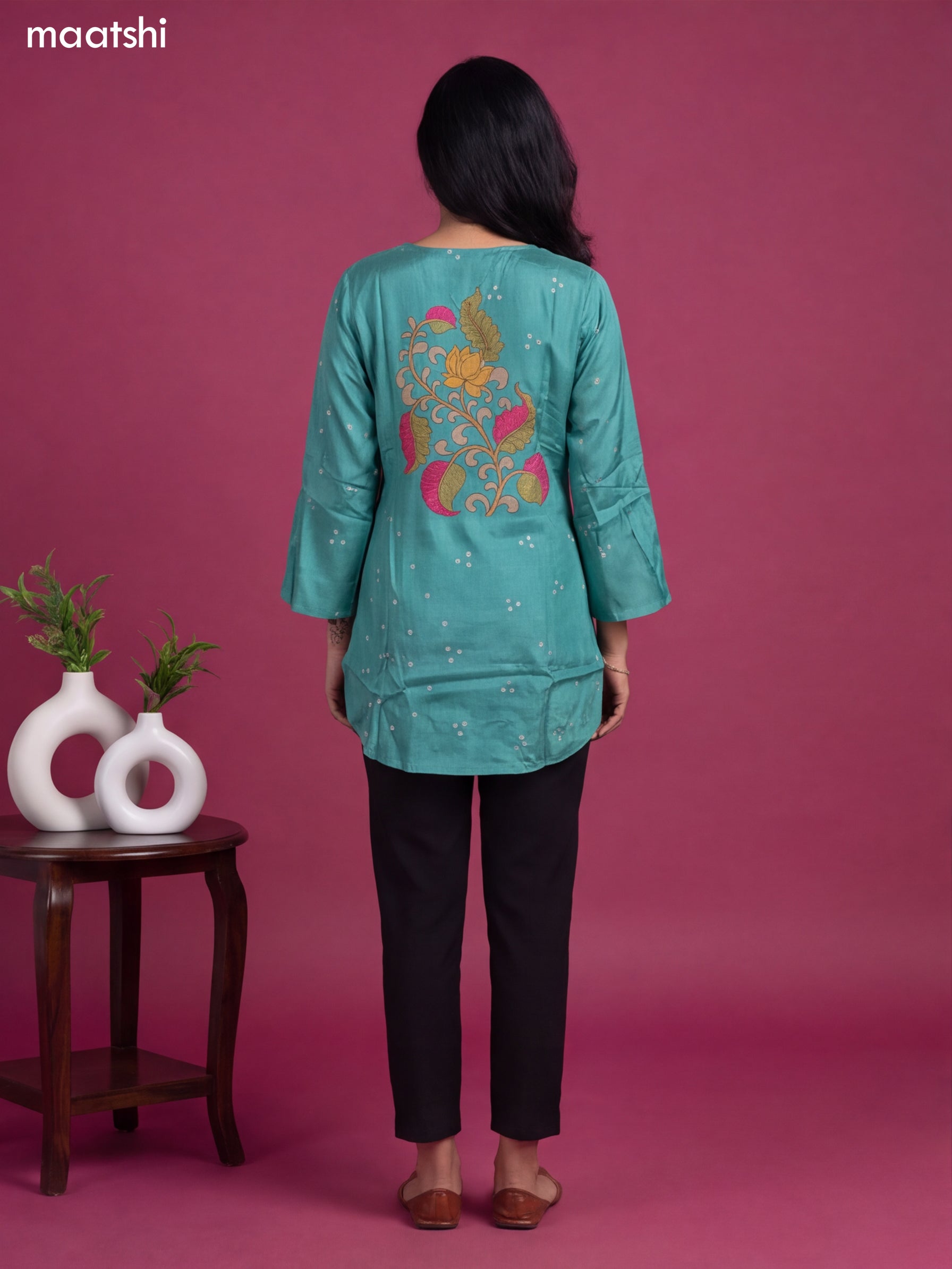 Teal Shade Crepe Silk Kalamkari Printed Short Kurti