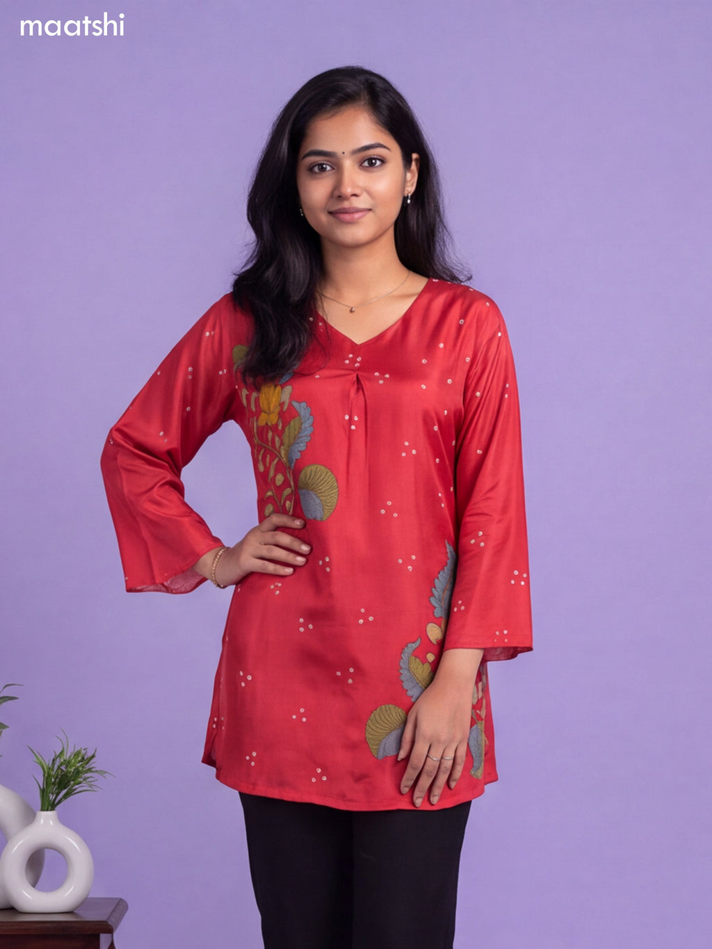 Reddish Pink Crepe Silk Kalamkari Printed Short Kurti