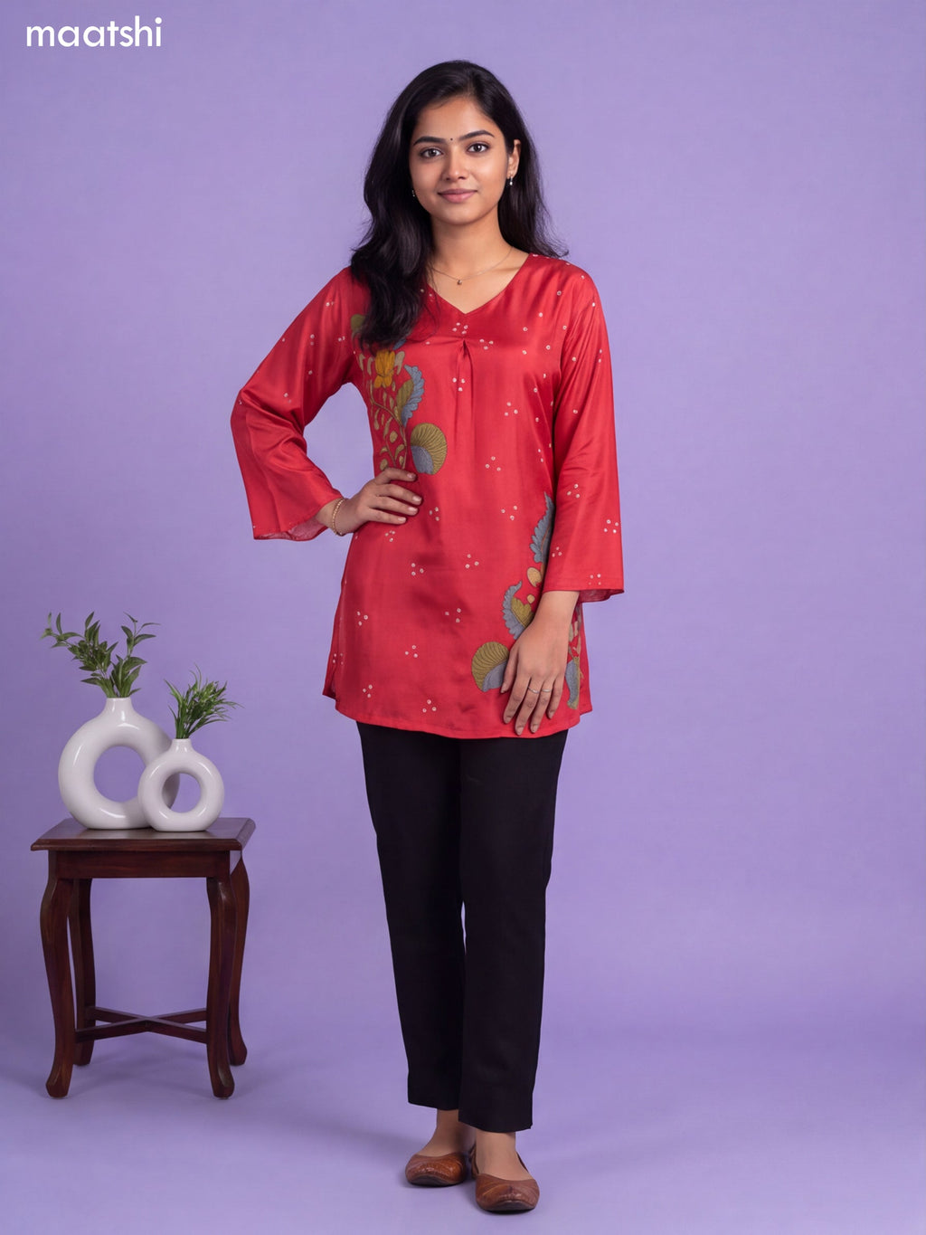 Reddish Pink Crepe Silk Kalamkari Printed Short Kurti