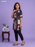 Deep Navy Blue and Cream Art Silk Printed Short Kurti