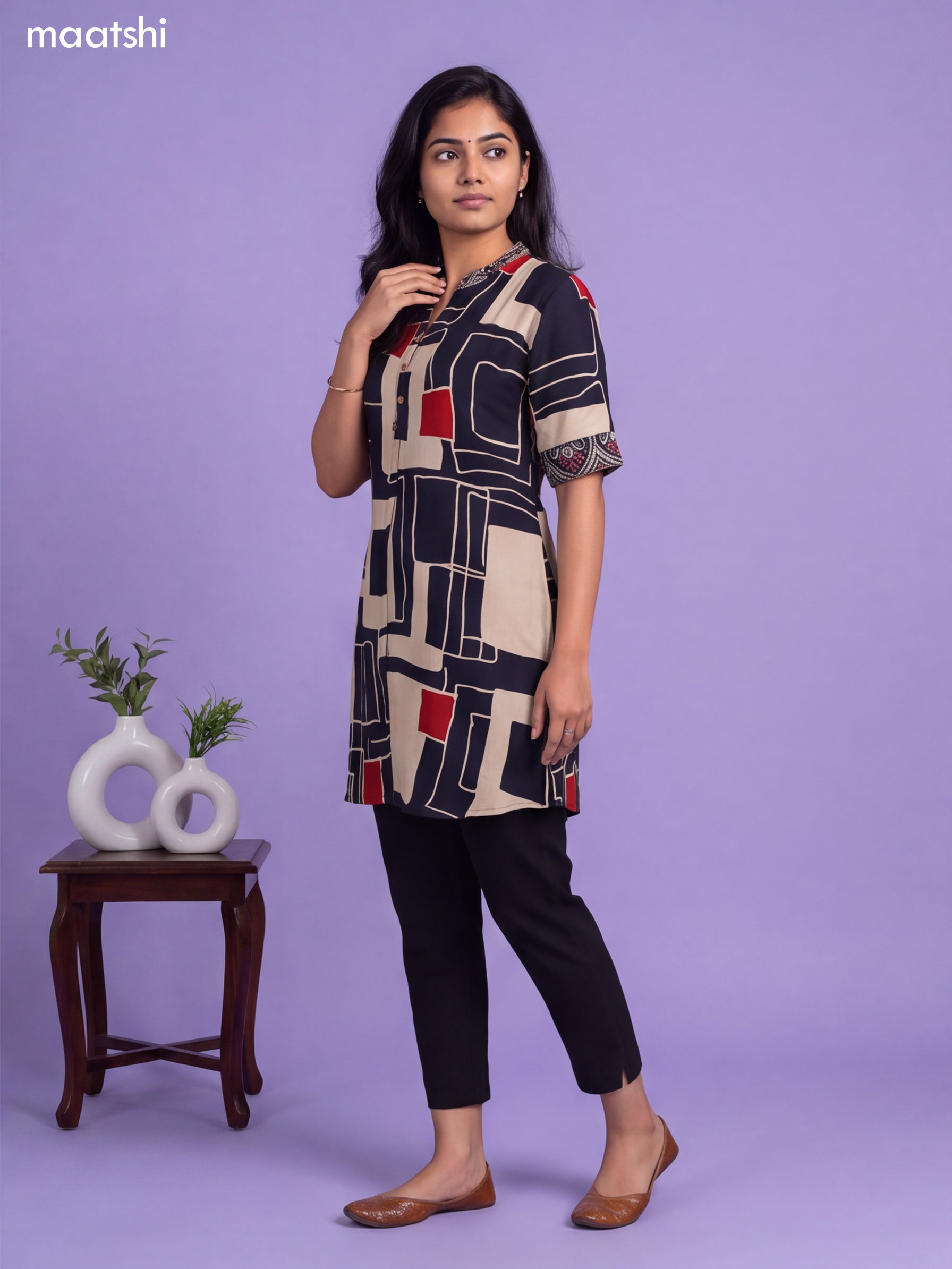 Deep Navy Blue and Cream Art Silk Printed Short Kurti