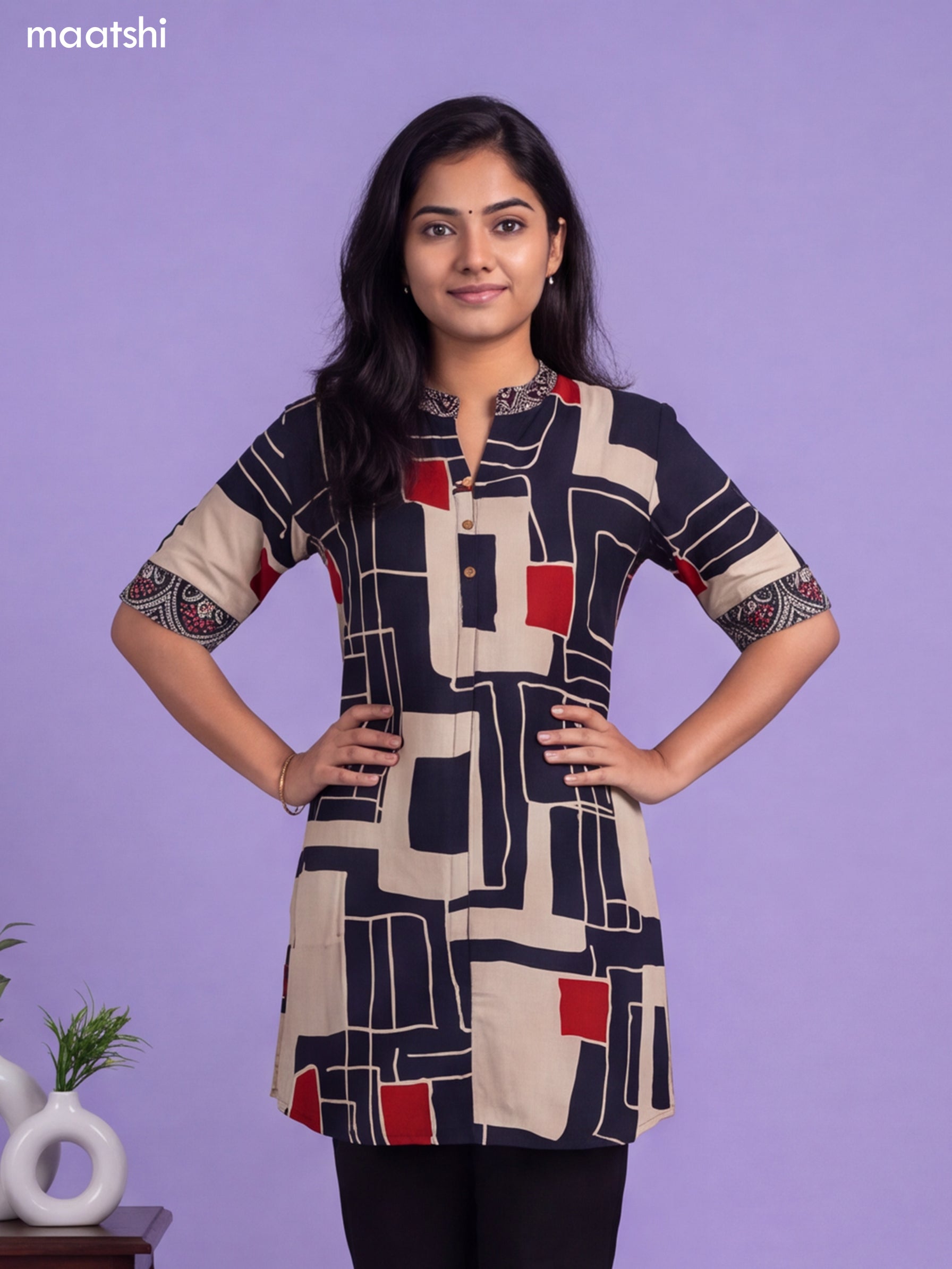 Deep Navy Blue and Cream Art Silk Printed Short Kurti