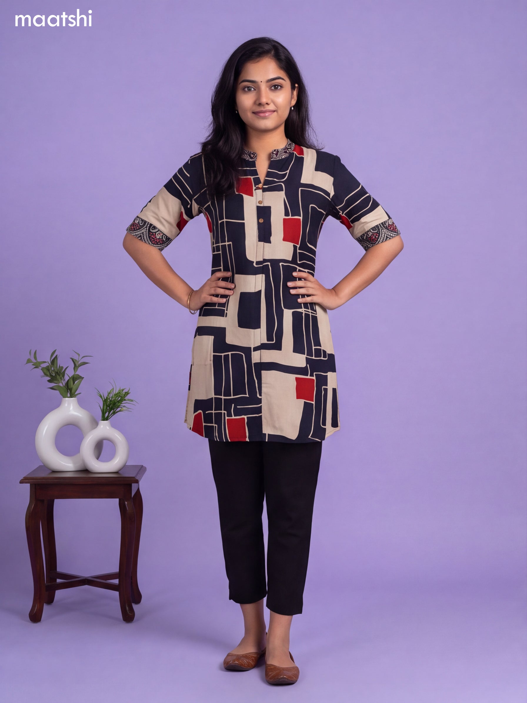 Deep Navy Blue and Cream Art Silk Printed Short Kurti