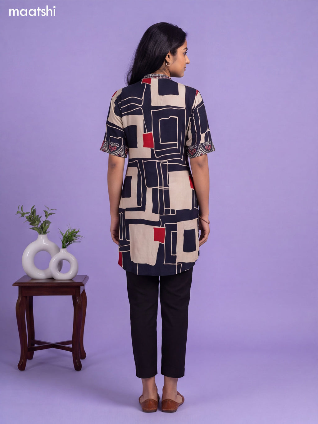 Deep Navy Blue and Cream Art Silk Printed Short Kurti