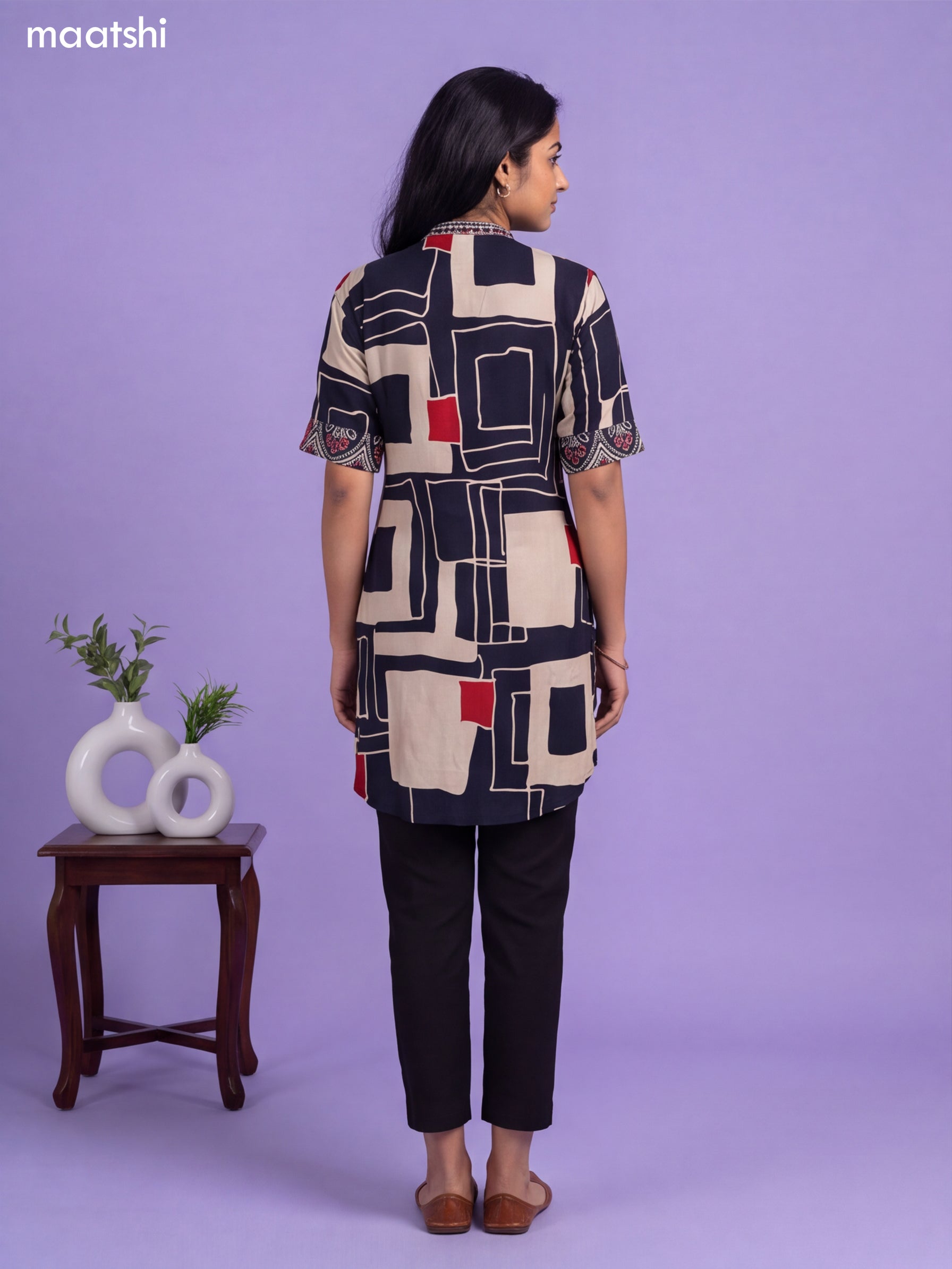 Deep Navy Blue and Cream Art Silk Printed Short Kurti