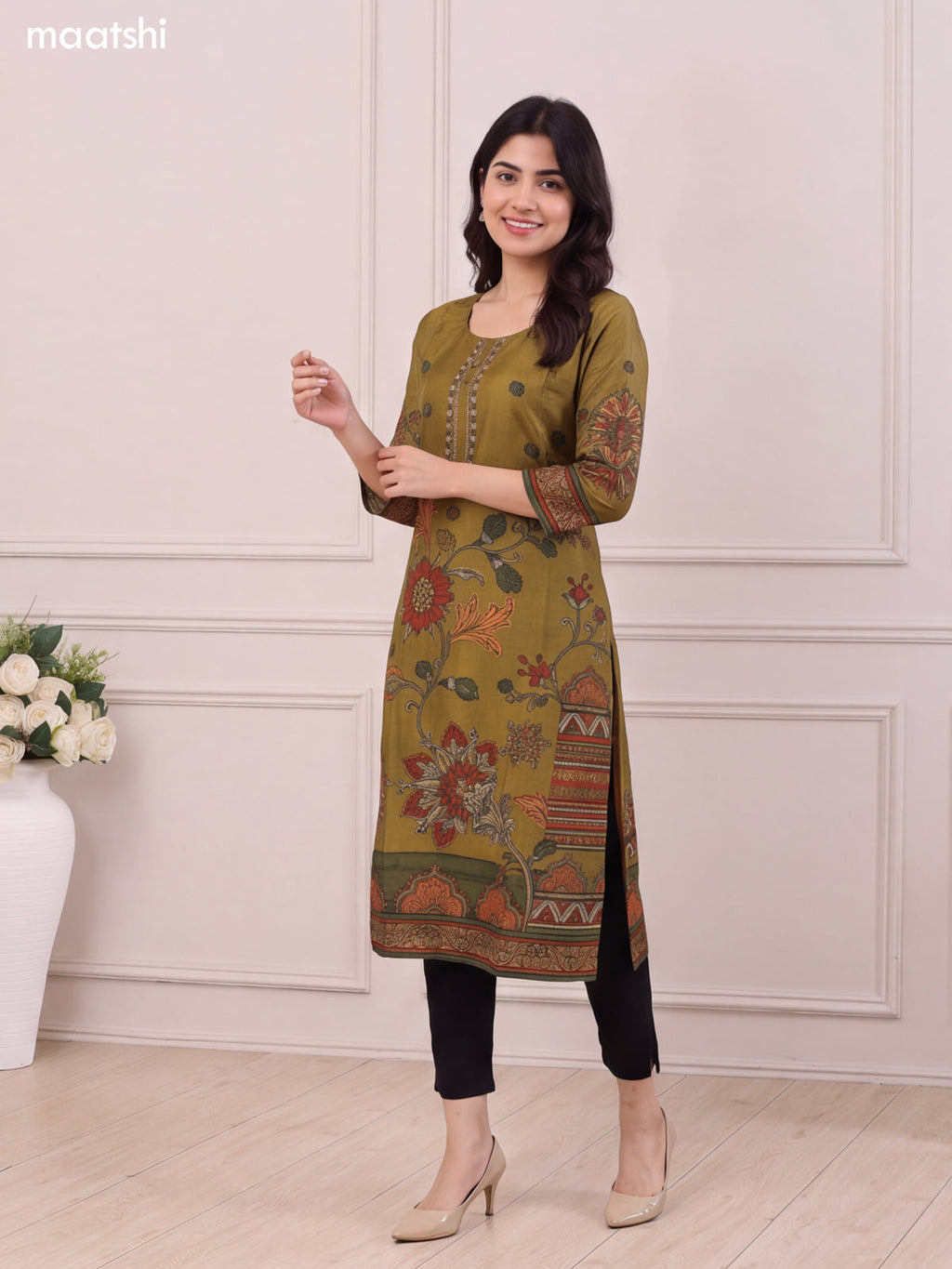 Mehendi Green Muslin Floral Prints & Embroidery Work Long Kurti