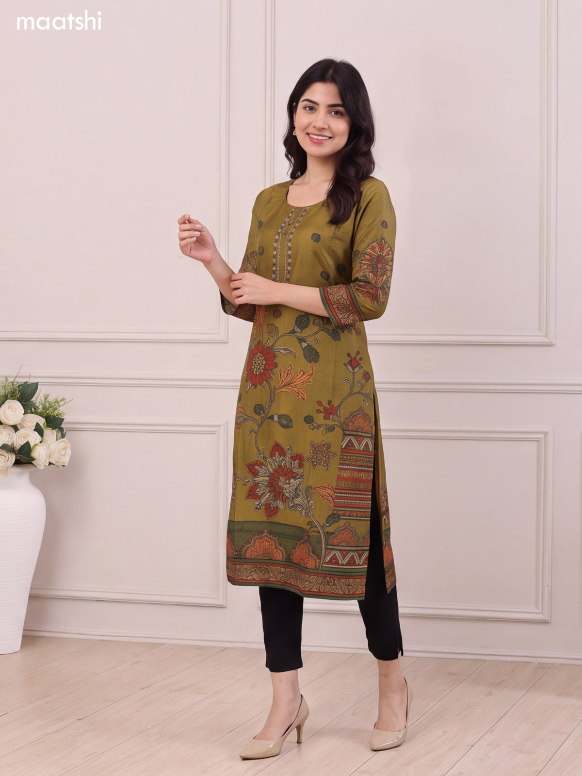 Mehendi Green Muslin Floral Prints & Embroidery Work Long Kurti