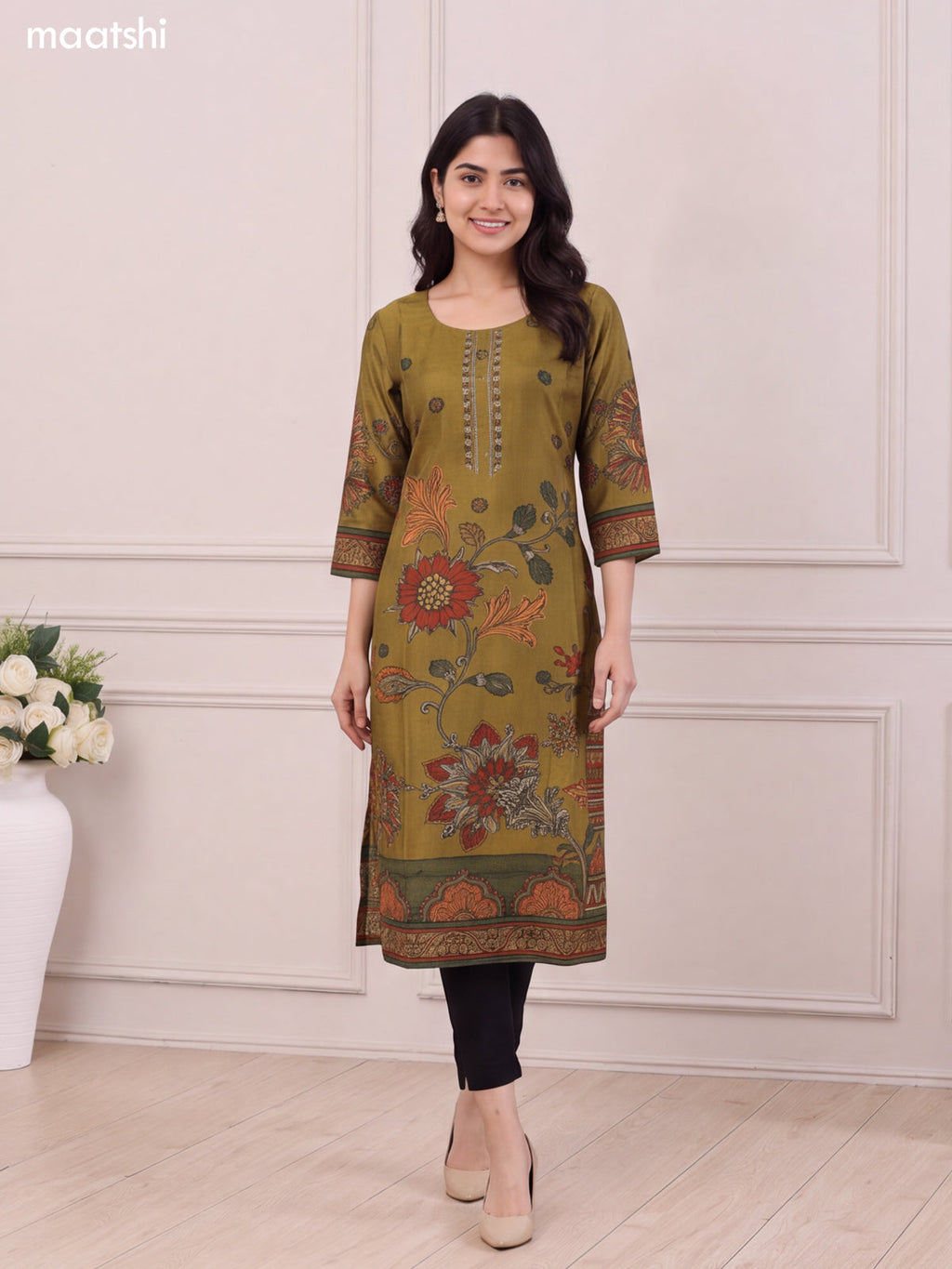 Mehendi Green Muslin Floral Prints & Embroidery Work Long Kurti