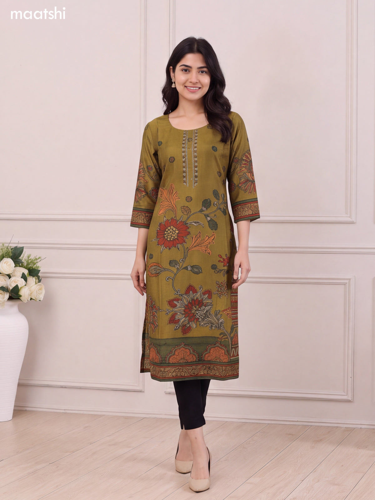 Mehendi Green Muslin Floral Prints & Embroidery Work Long Kurti