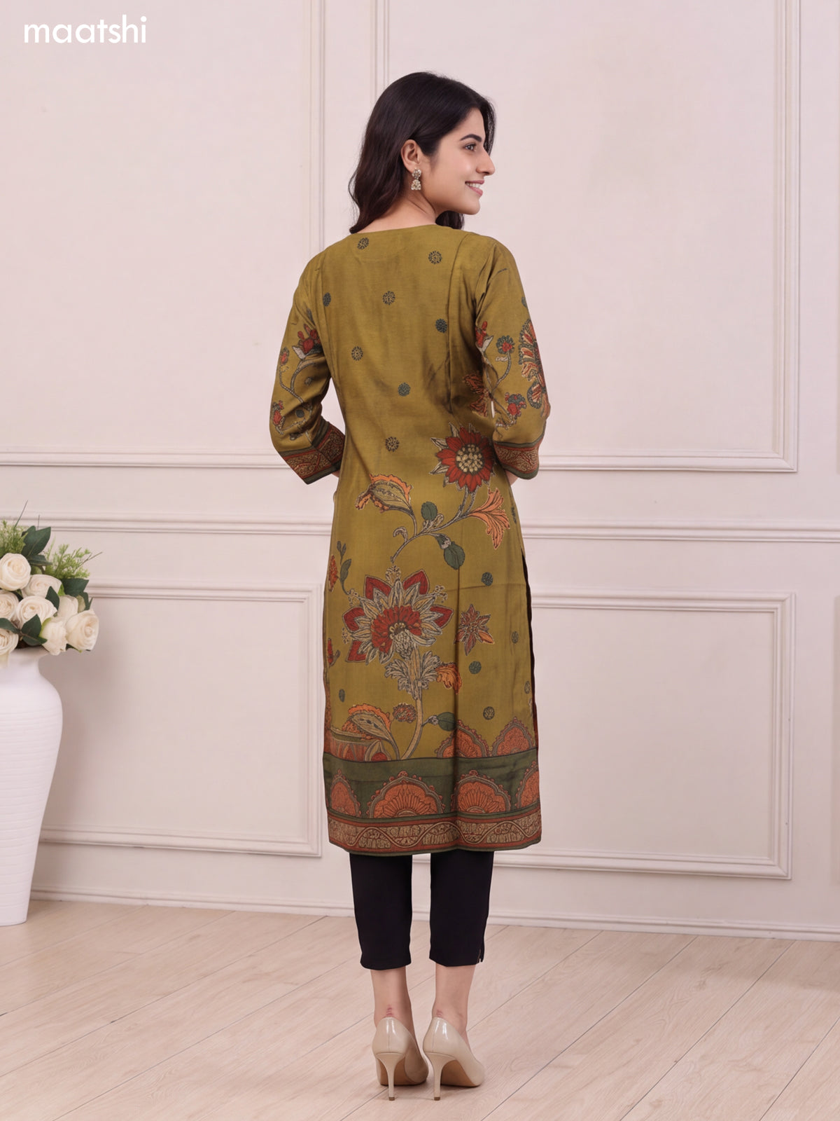 Mehendi Green Muslin Floral Prints & Embroidery Work Long Kurti