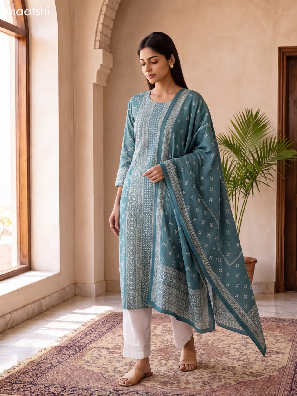 Teal Green and Off White Art Silk Printed & Embroidery Work Straight Suit