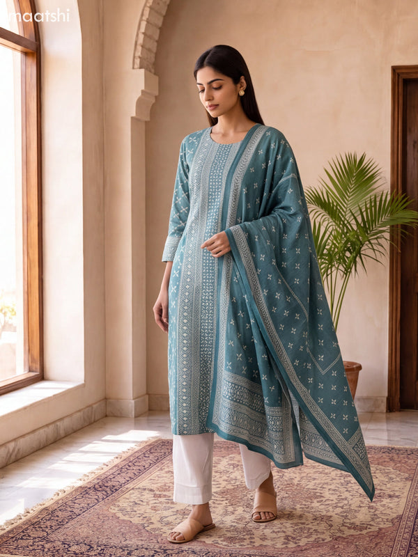 Teal Green and Off White Art Silk Printed & Embroidery Work Straight Suit