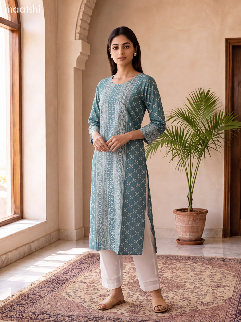 Teal Green and Off White Art Silk Printed & Embroidery Work Straight Suit