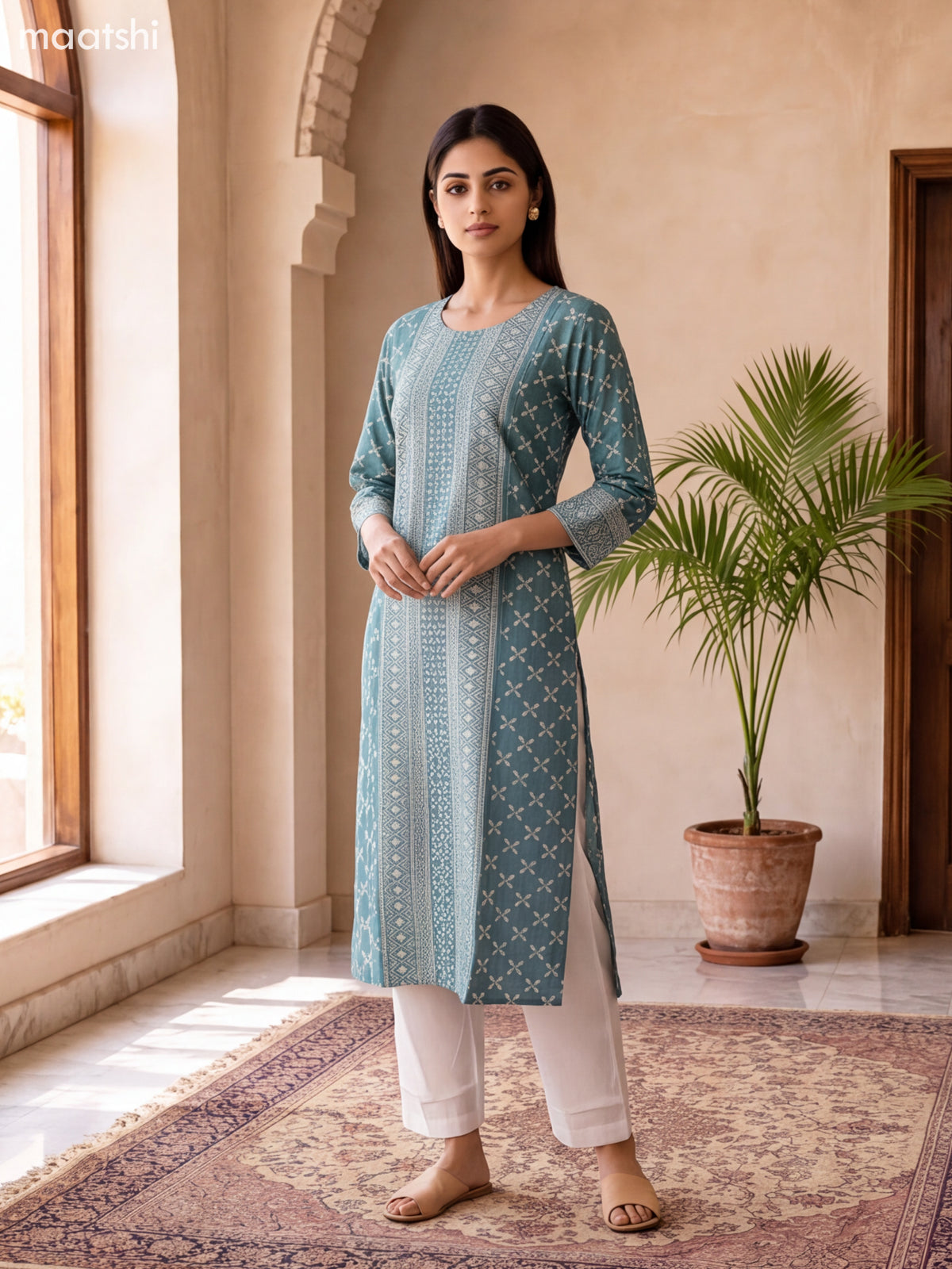 Teal Green and Off White Art Silk Printed & Embroidery Work Straight Suit