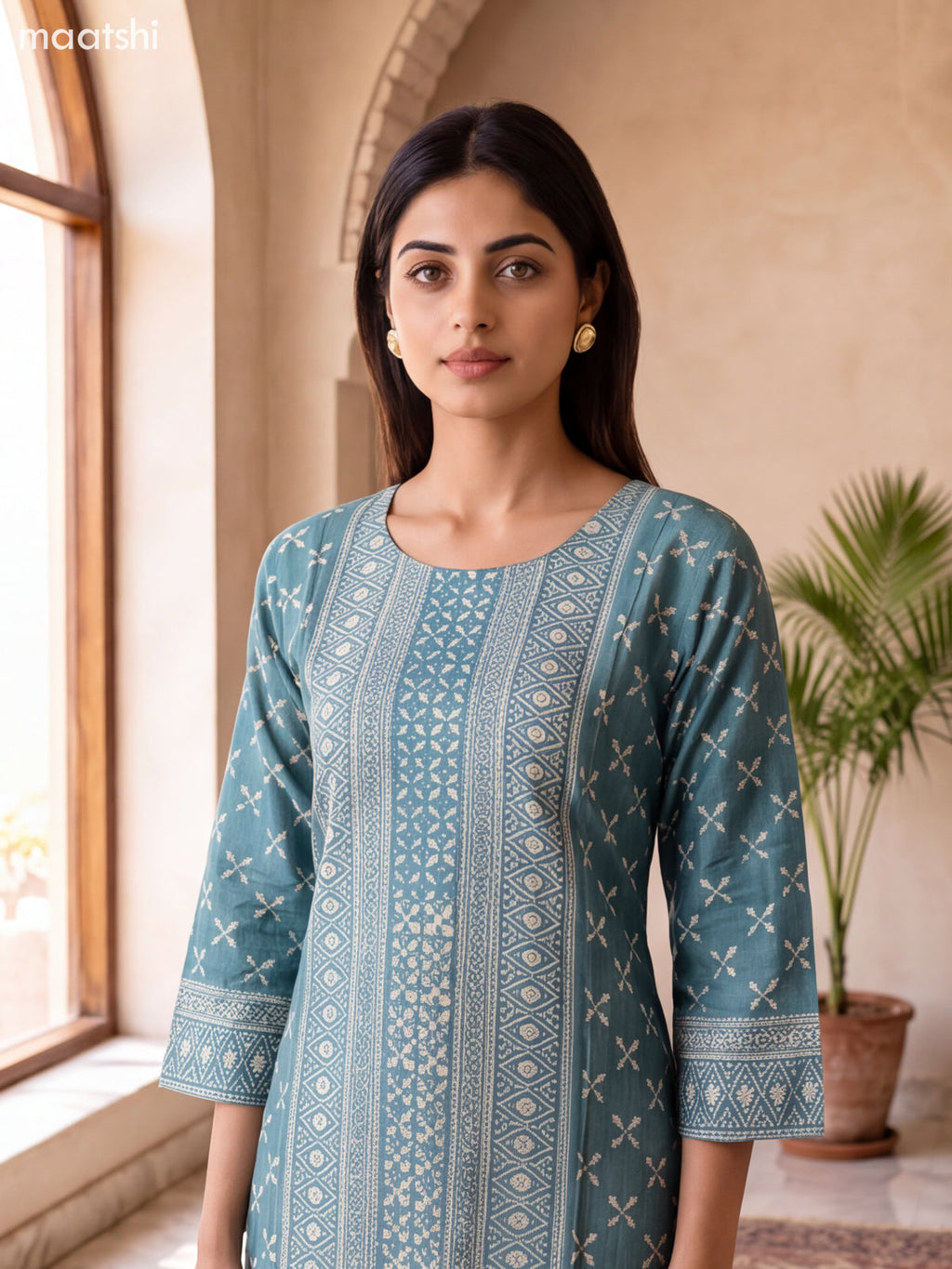 Teal Green and Off White Art Silk Printed & Embroidery Work Straight Suit
